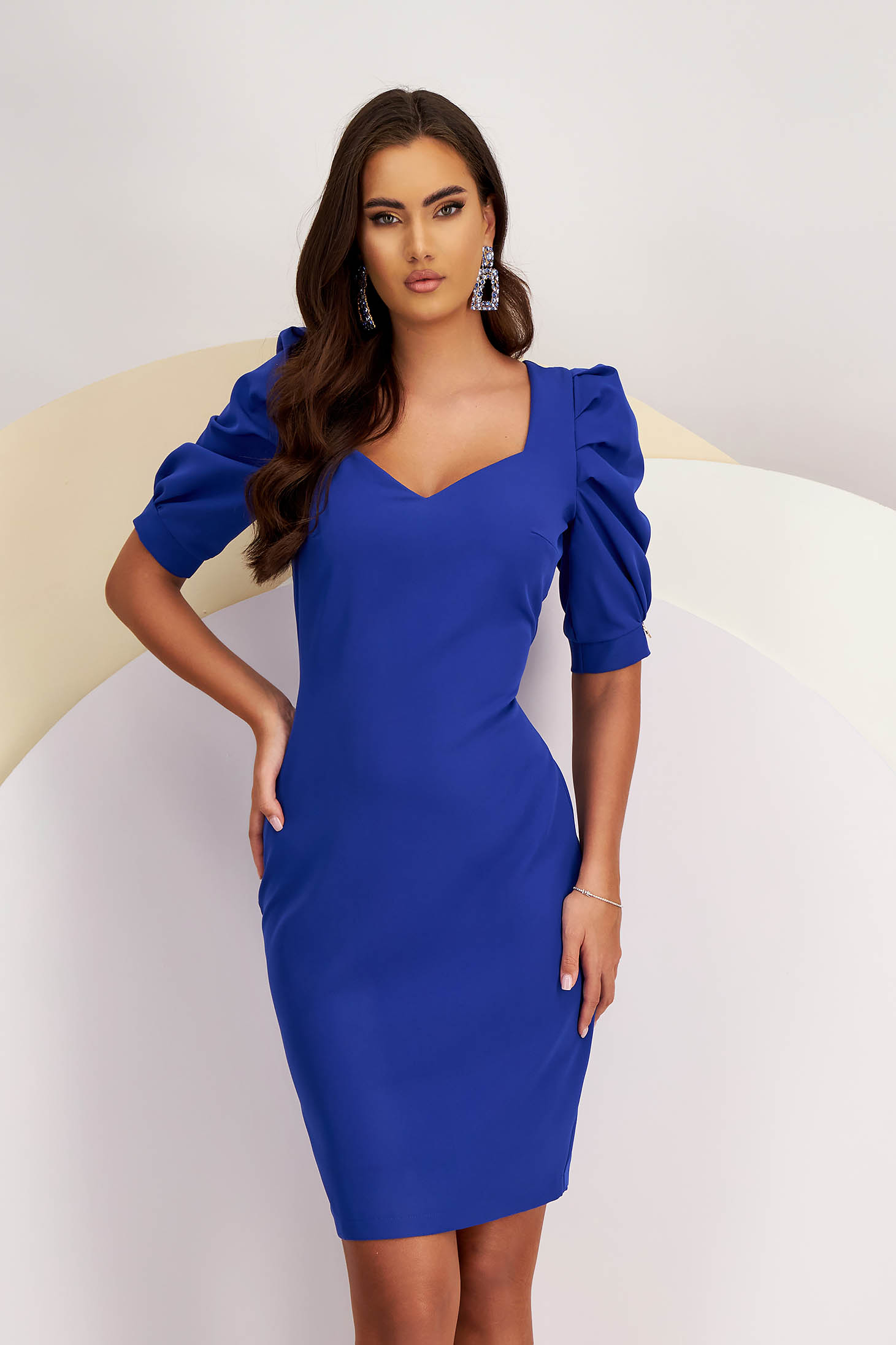 Blue Elastic Fabric Knee-Length Pencil Dress with Puffed Sleeves - StarShinerS
