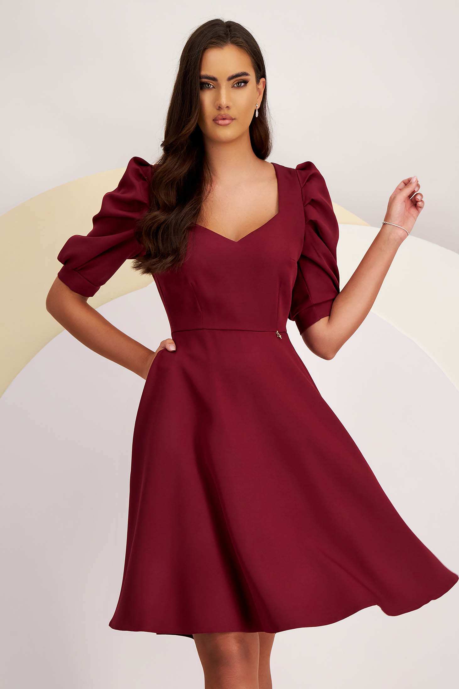 Burgundy Stretch Fabric Knee-Length Dress with Side Pockets and Puff Sleeves - StarShinerS
