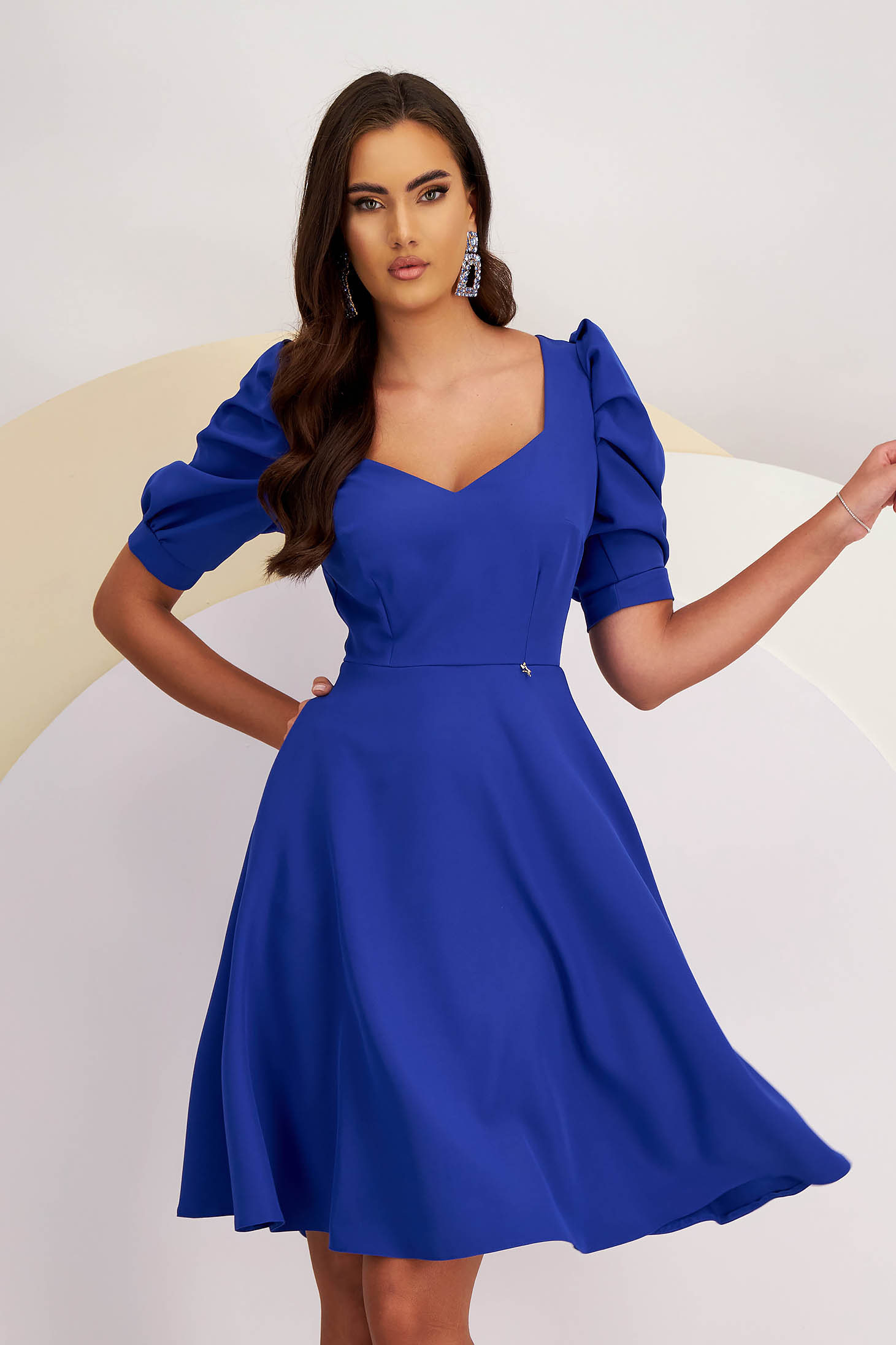 Blue Elastic Fabric Knee-Length Dress with Side Pockets and Puffed Sleeves - StarShinerS