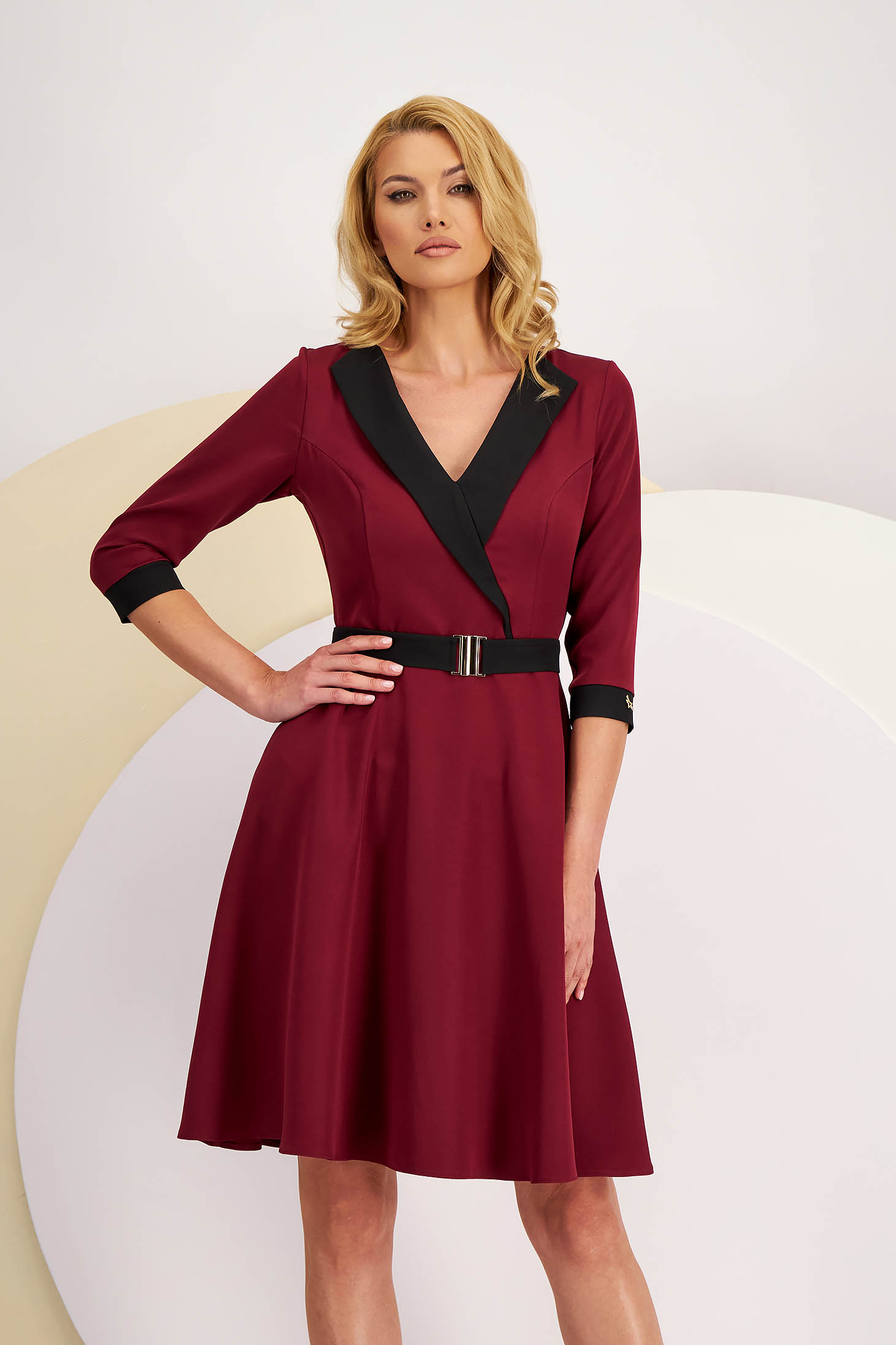 Cherry Elastic Fabric Dress in A-Line with Belt and Side Pockets - StarShinerS