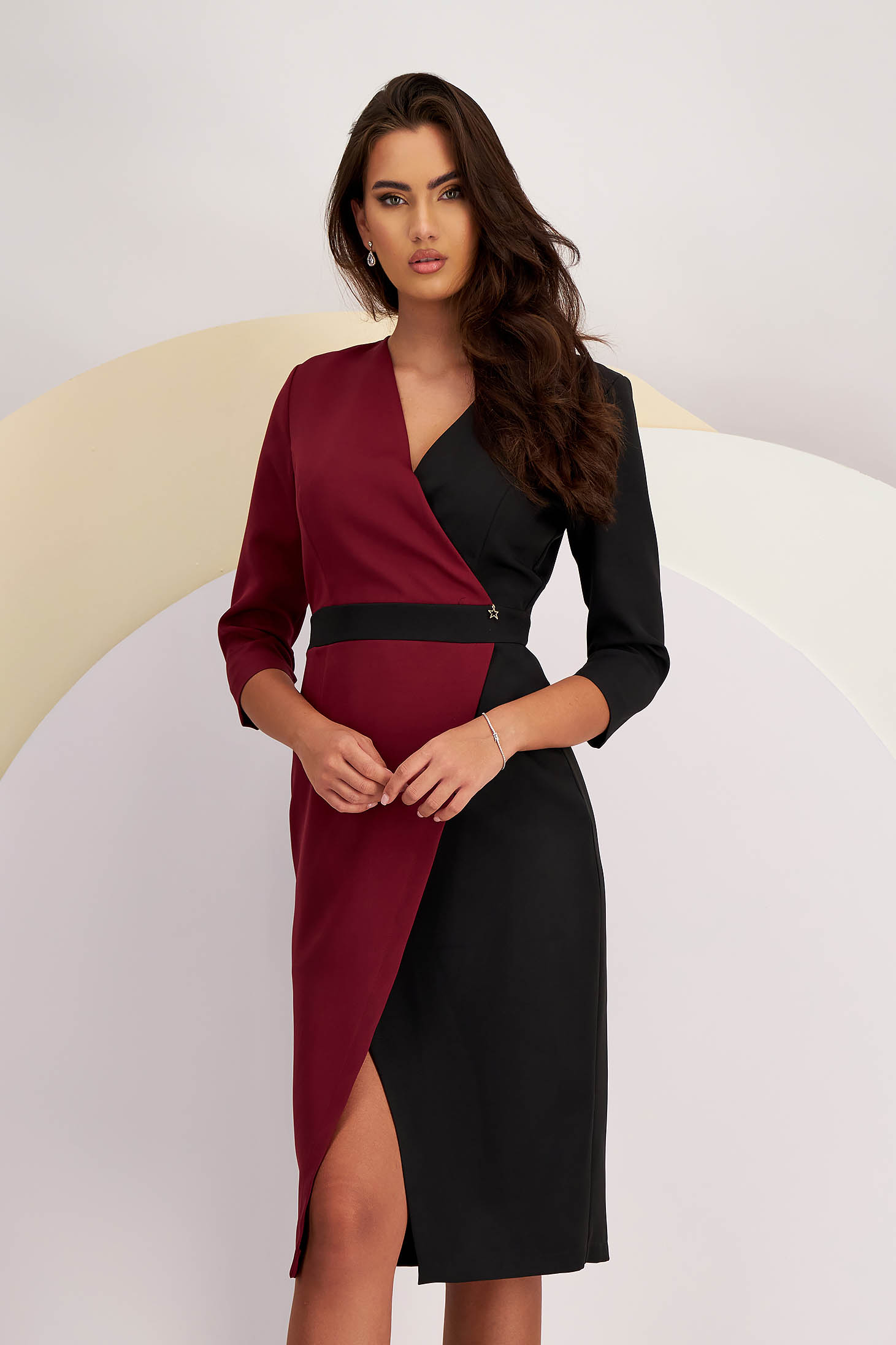 Burgundy Midi Pencil Dress made of Elastic Fabric with Crossover Neckline - StarShinerS