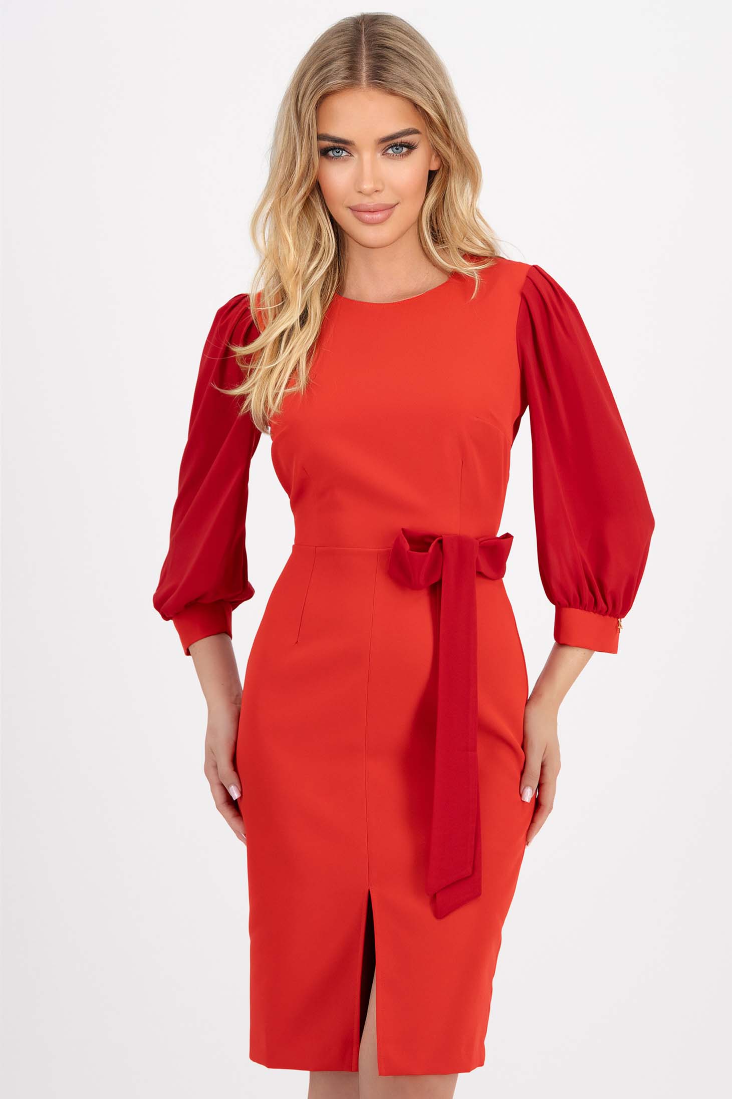 Piros rugalmas szövet ceruza ruha, térdigérő 1 - StarShinerS.hu