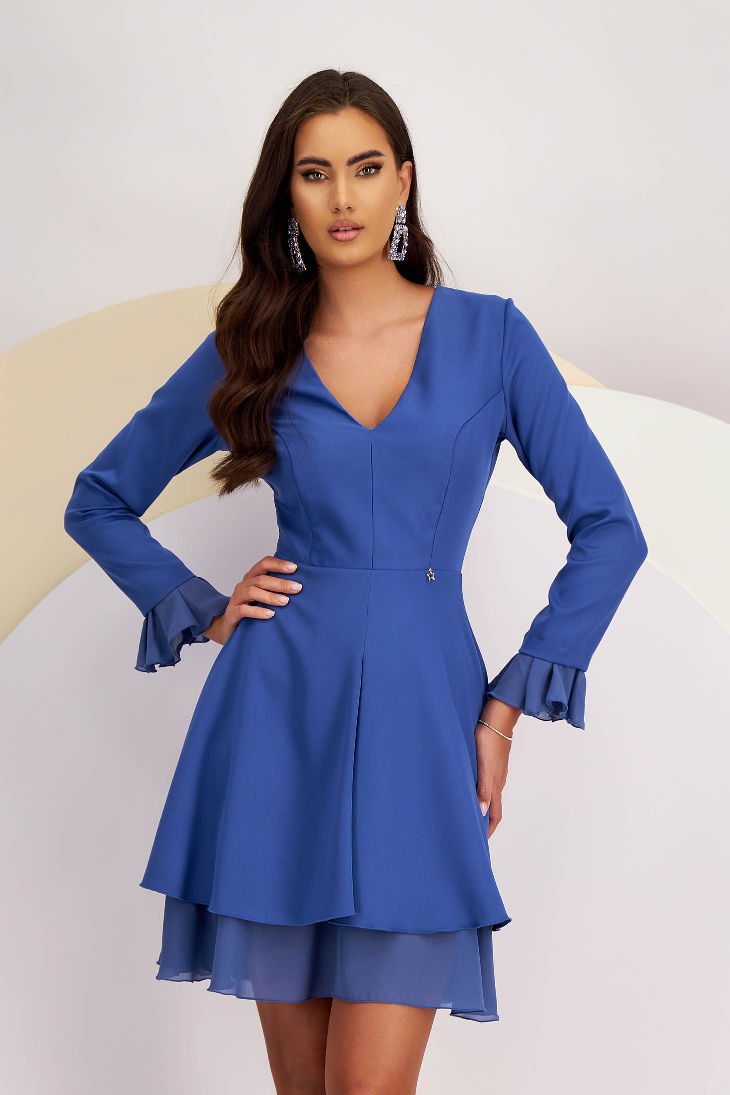 Blue Short Elastic Fabric Dress in Clos with Veil Ruffles - StarShinerS