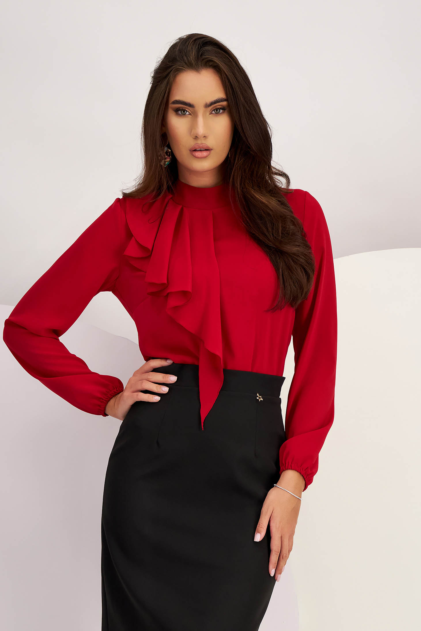 Ladies' red voile blouse with wide cut and decorative front frill - StarShinerS