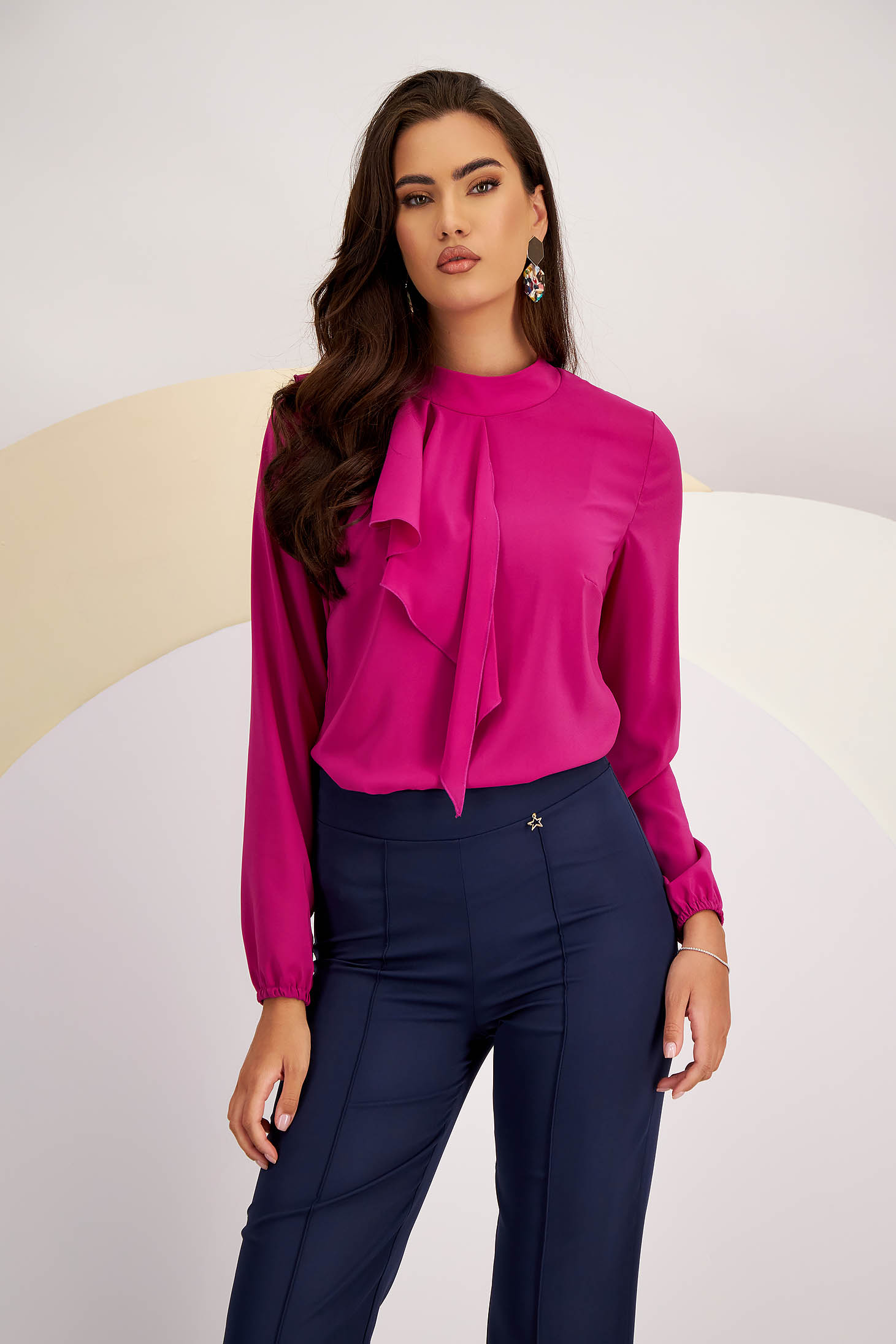 Bluza dama din voal zmeura cu croi larg si volanas frontal decorativ - StarShinerS 1 - StarShinerS.ro