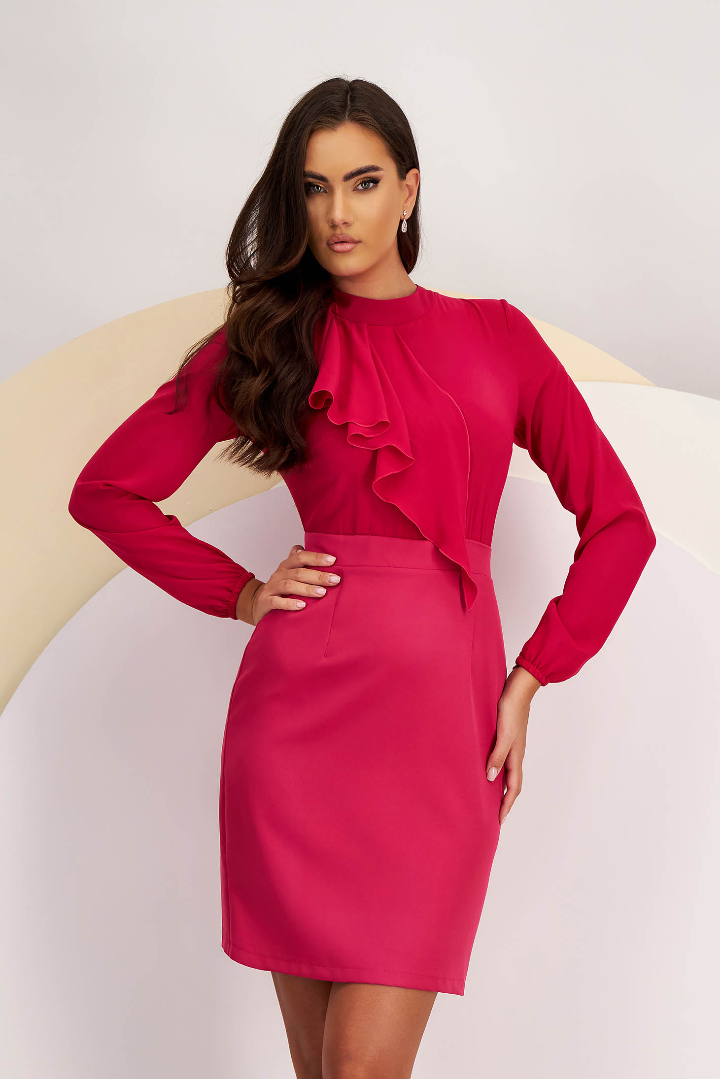 Voile and elastic pink short pencil type dress with front frill - StarShinerS