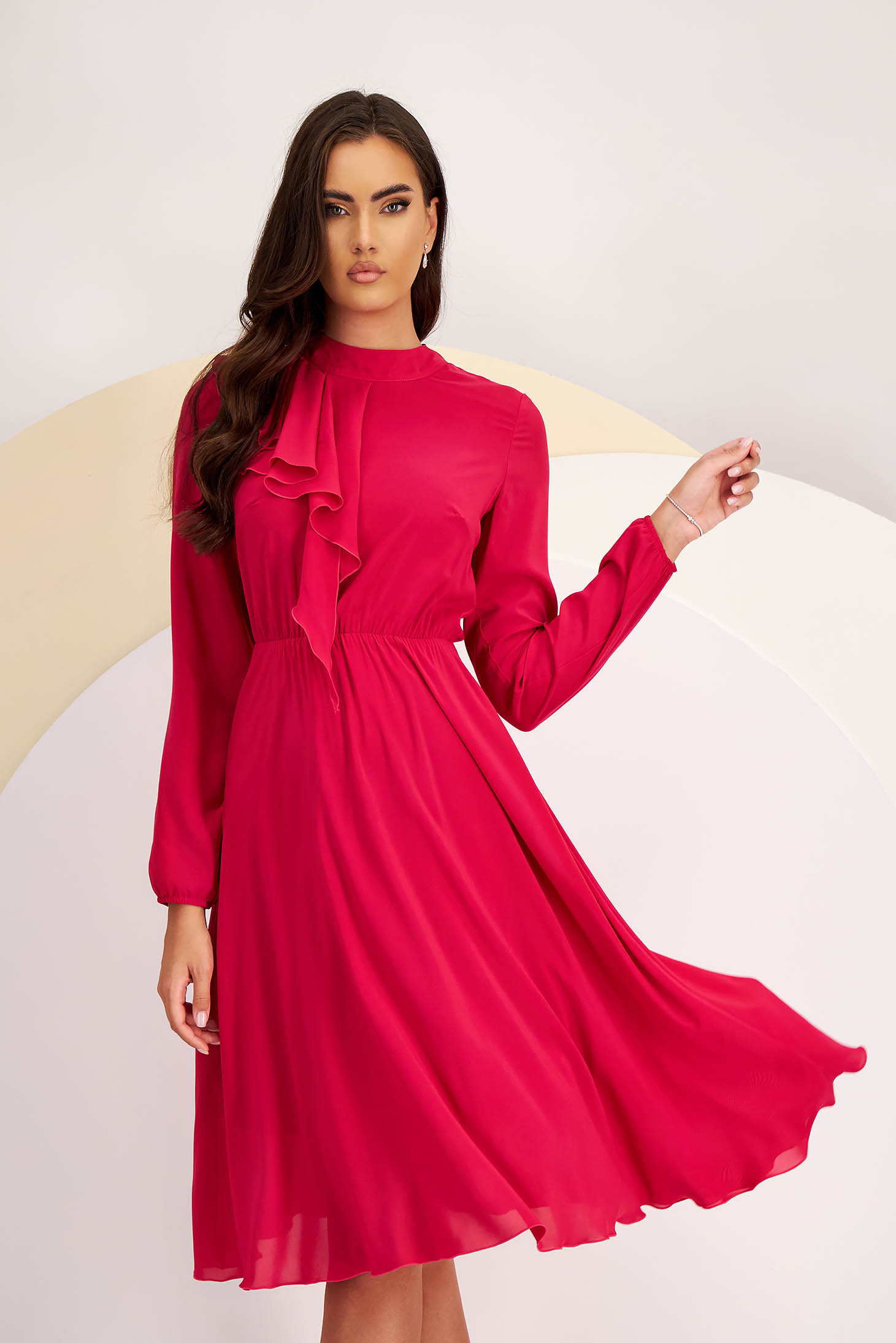 Pink chiffon midi dress in a-line with waist elastic and front ruffle - StarShinerS