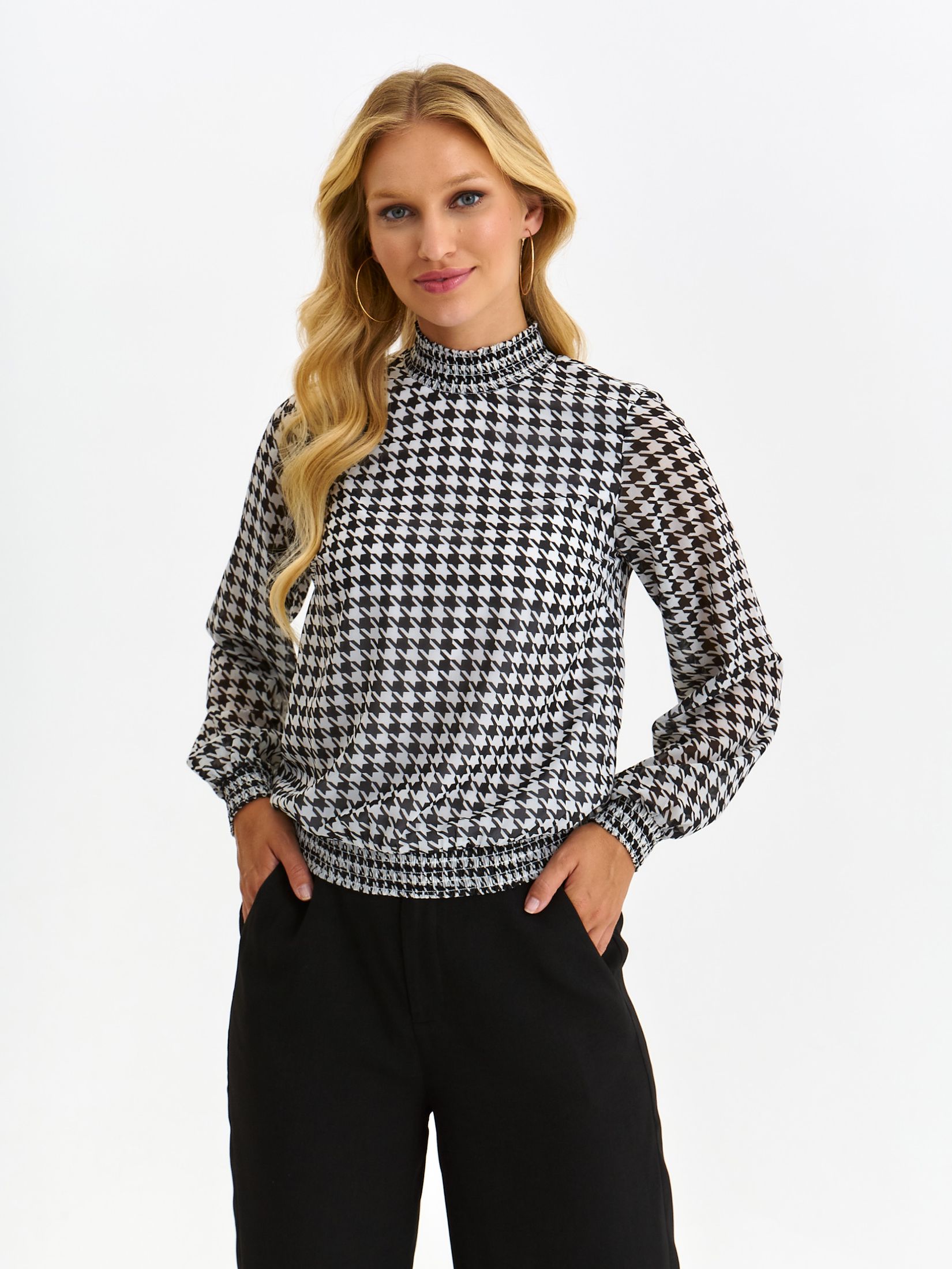 Black women`s blouse thin fabric loose fit dogtooth