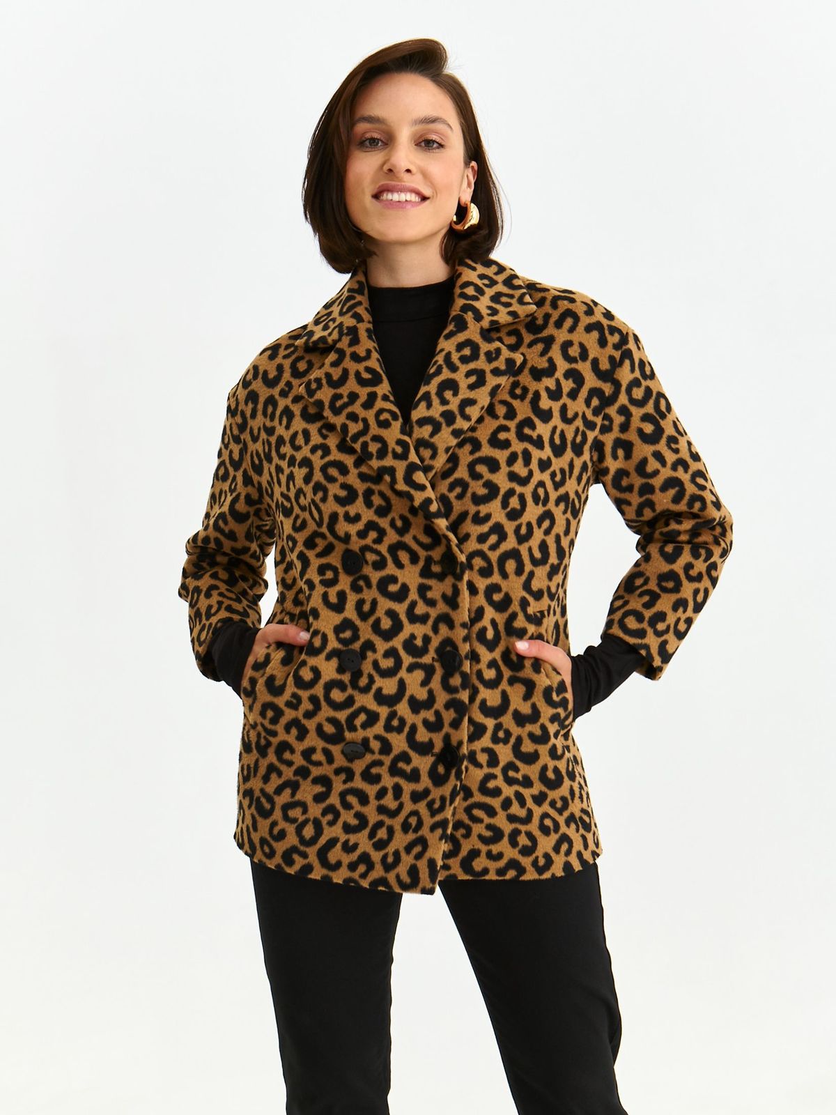 Brown coat from ecological fur straight with pockets
