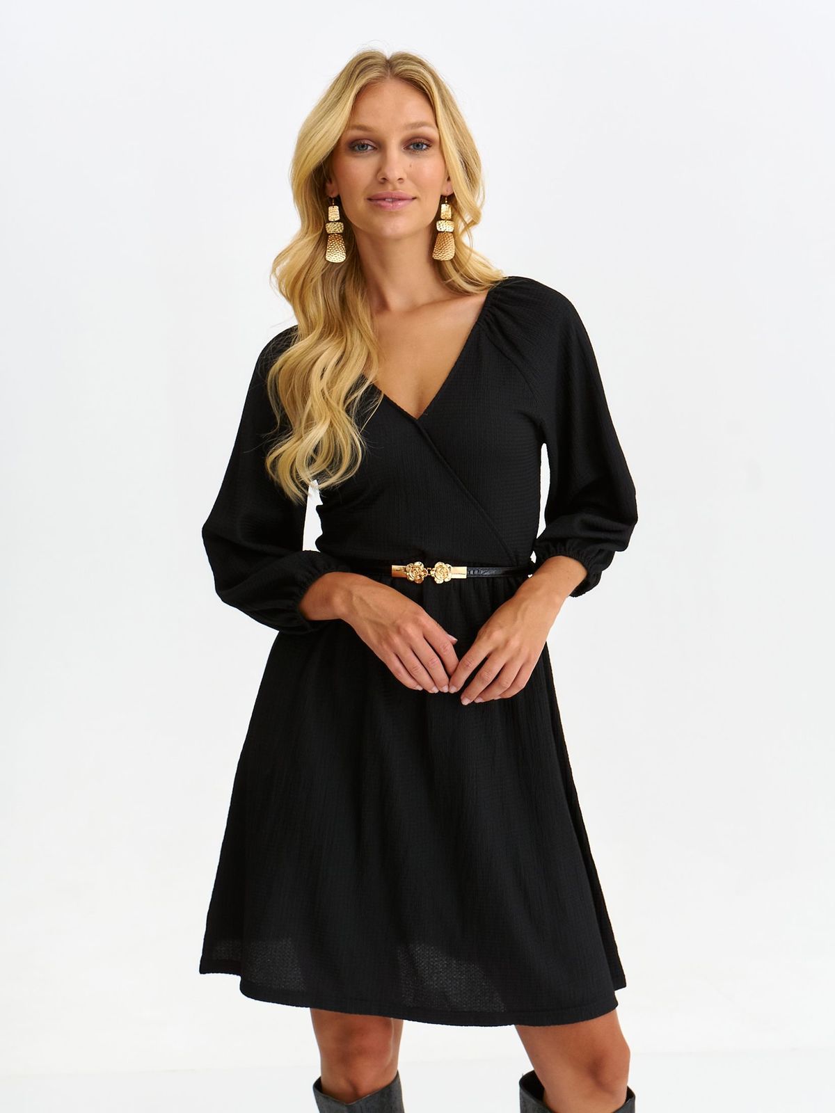 Black dress crepe short cut cloche accessorized with belt