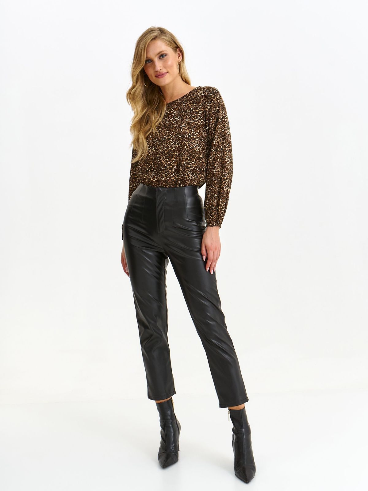 Black trousers from ecological leather conical high waisted