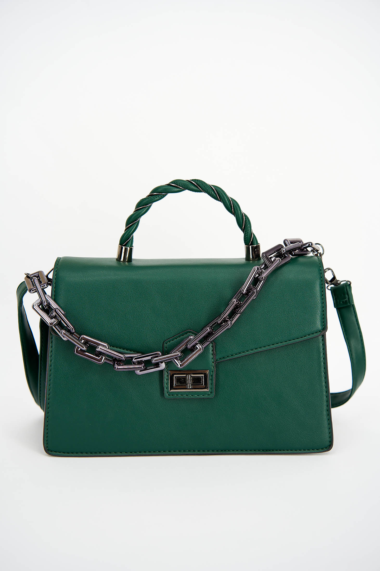 Darkgreen bag from ecological leather short handles