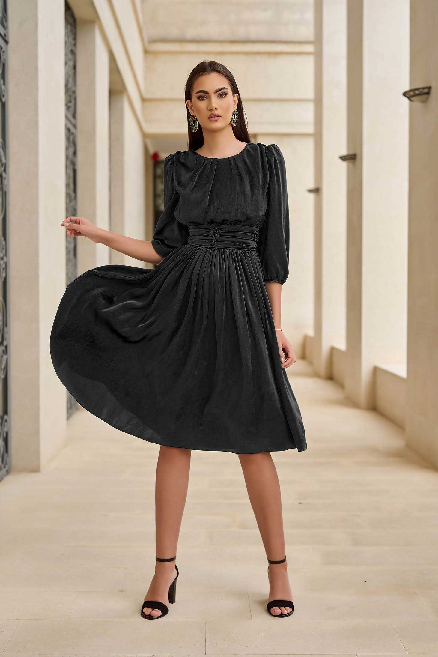Black Satin Midi A-Line Dress with Three-Quarter Puffy Sleeves - StarShinerS