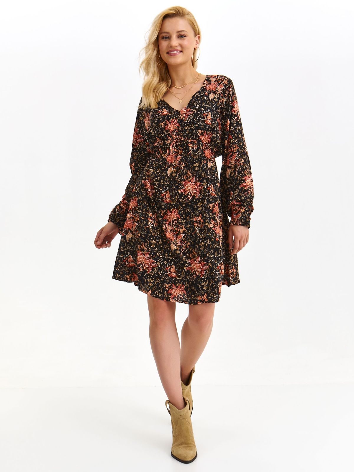 Dress thin fabric cloche with elastic waist with puffed sleeves