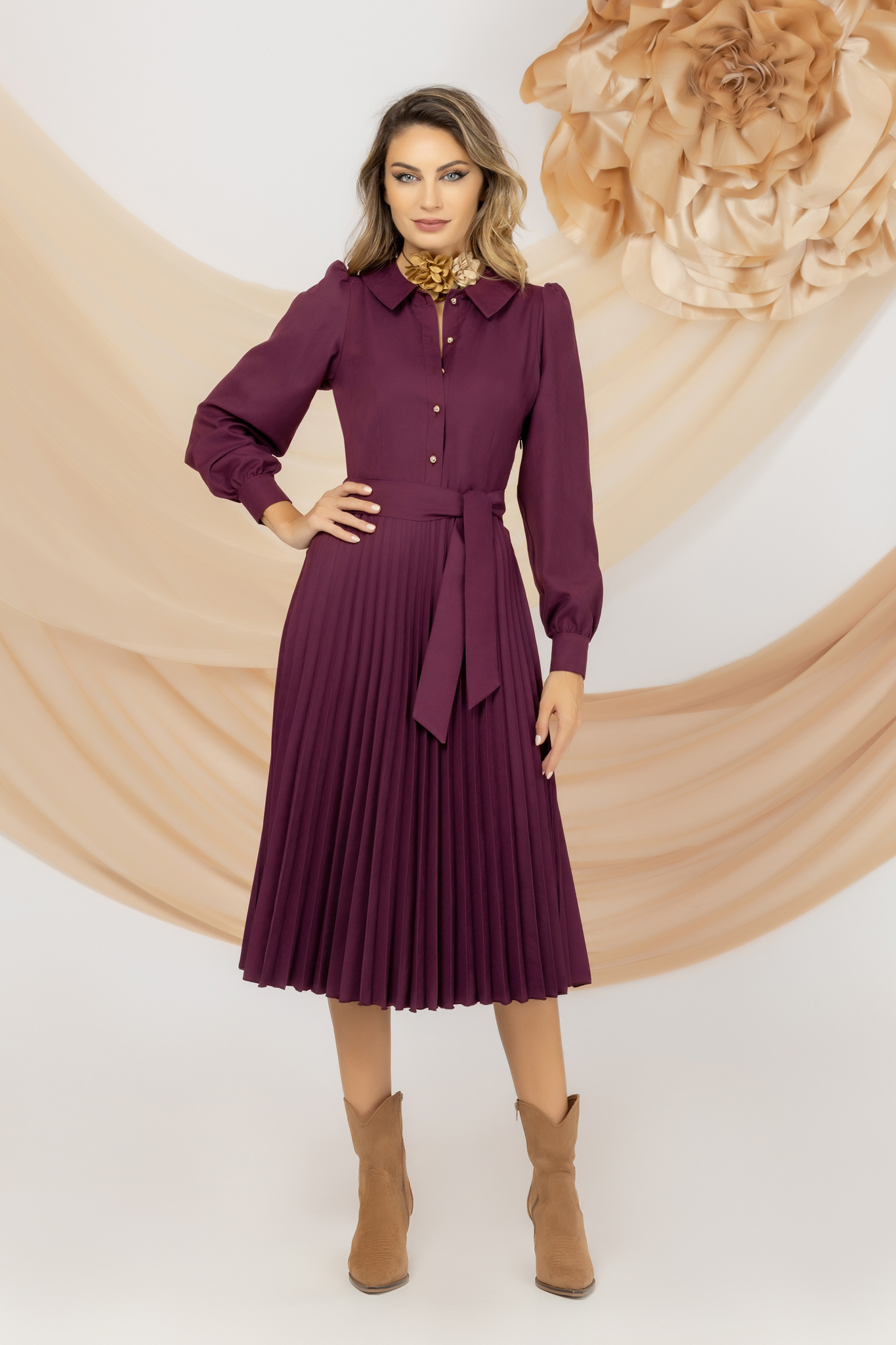 Pleated Purple Midi Dress Made of Fabric with Elastic Waist - PrettyGirl