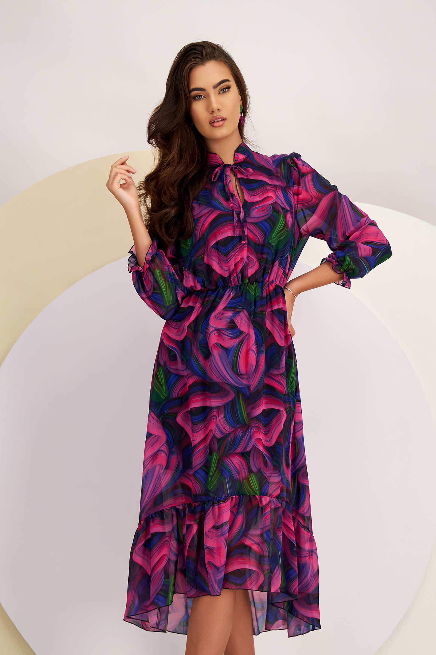 - StarShinerS dress from veil fabric midi cloche with elastic waist with puffed sleeves