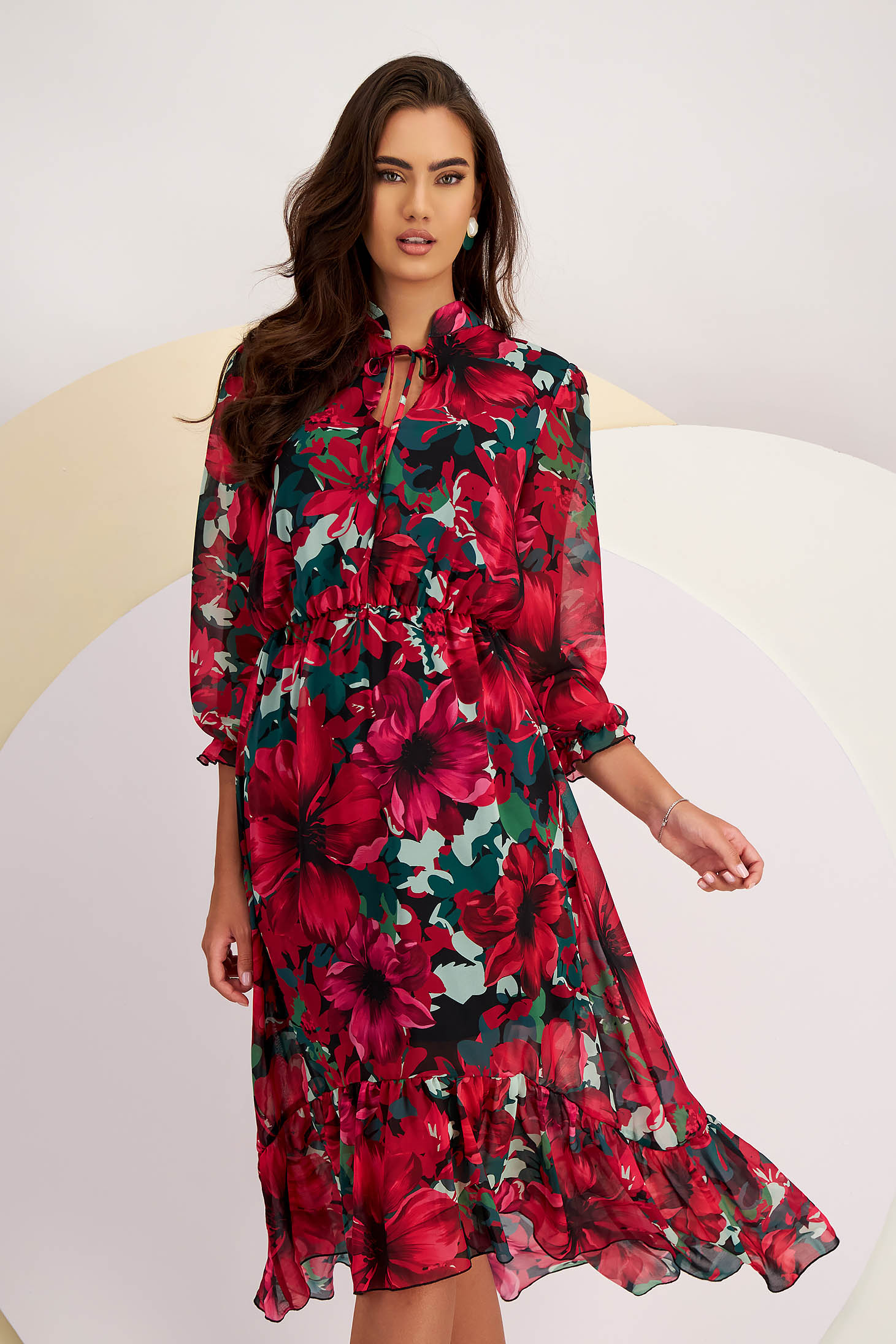 Midi Veil Dress in A-Line with Waist Elastic and Puffed Sleeves - StarShinerS