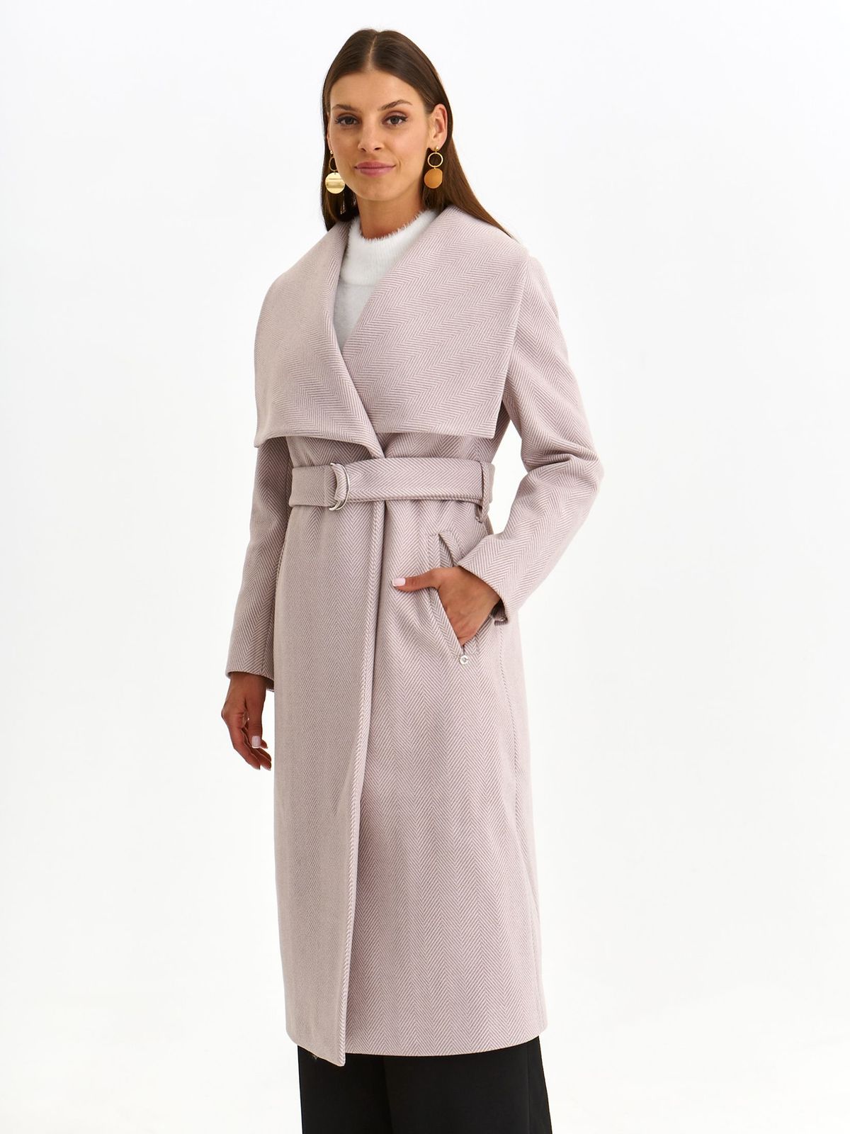 Lightpink coat elastic cloth long straight accessorized with tied waistband lateral pockets