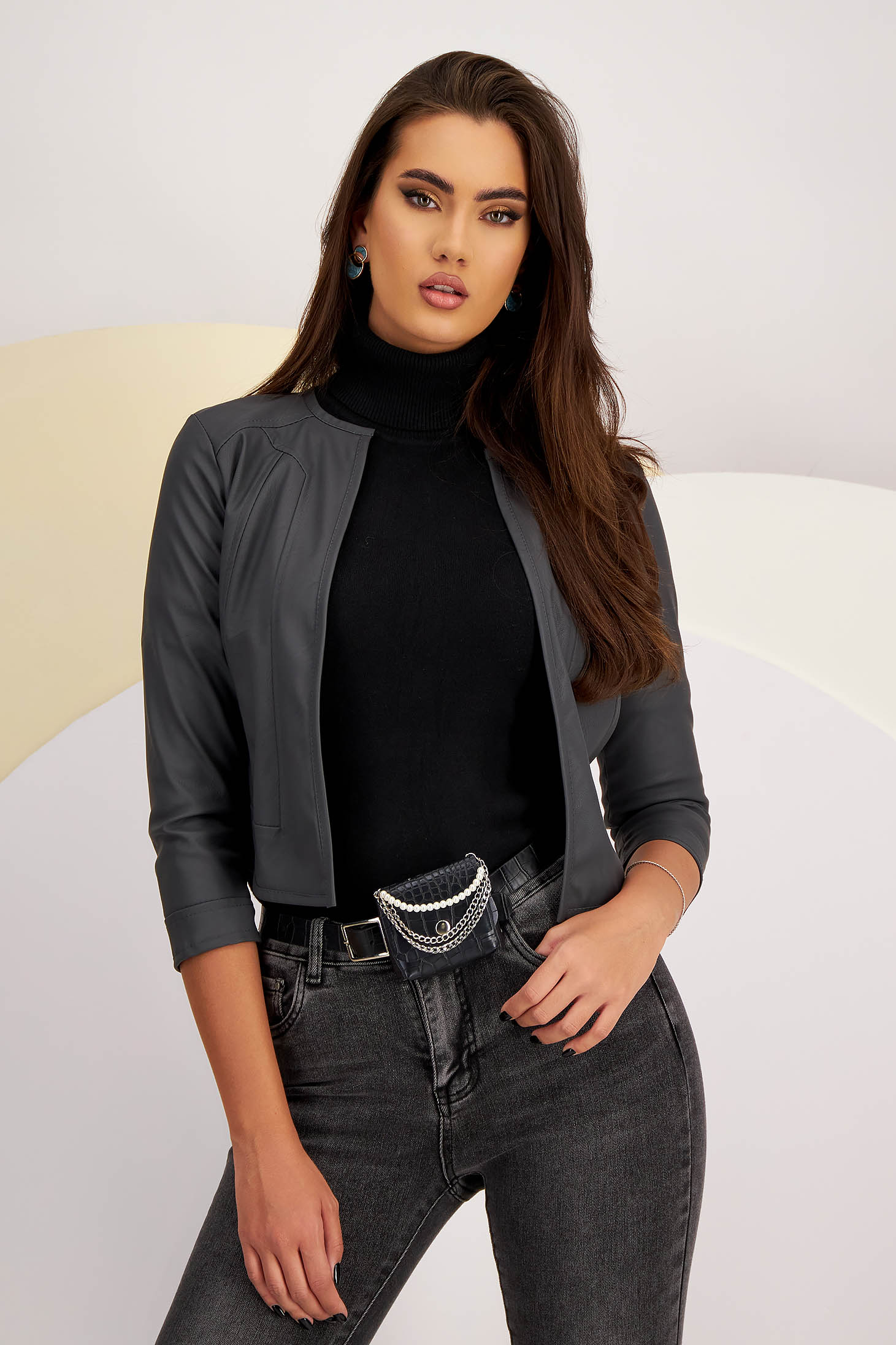 Thin Grey Fitted Unlined Faux Leather Jacket - SunShine