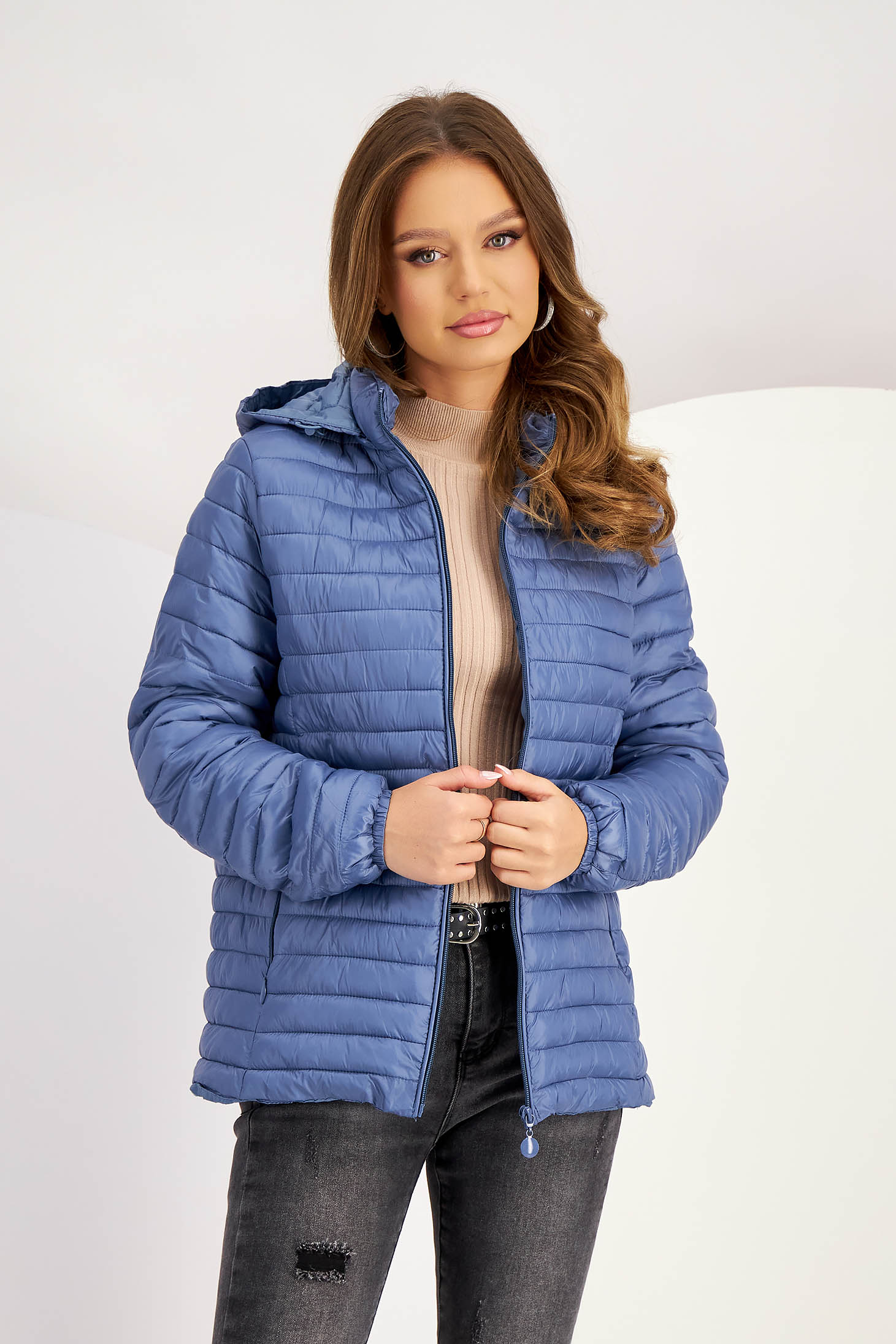 Light blue down jacket with a straight cut and detachable hood