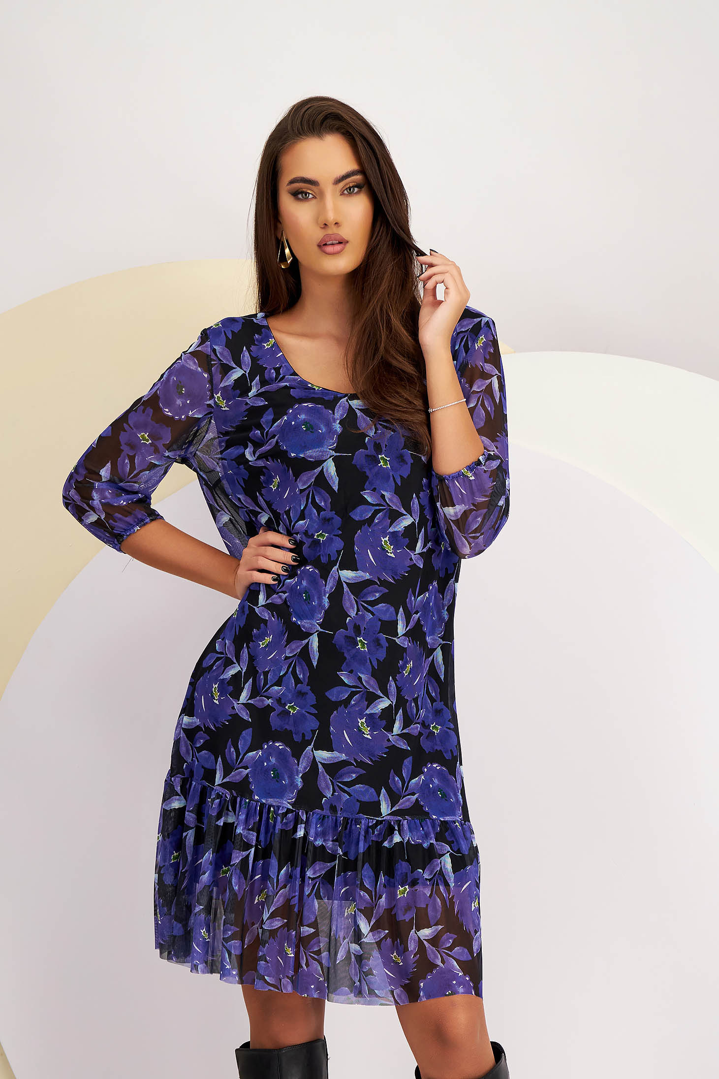 Rochie din plasa imprimata cu un croi drept si decolteu in v - Lady Pandora 1 - StarShinerS.ro