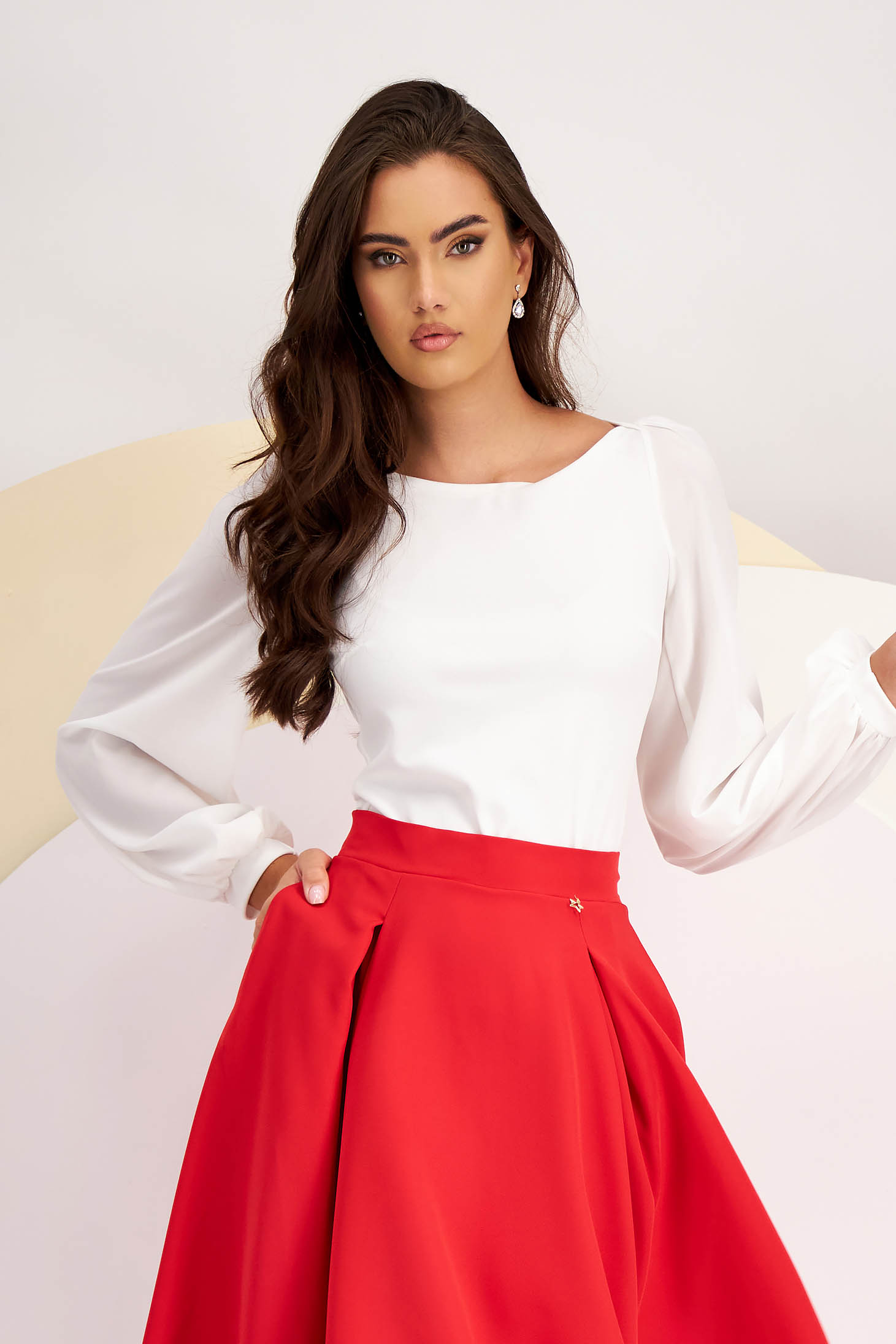 Ladies' blouse in white crepe with puffed voile sleeves - StarShinerS