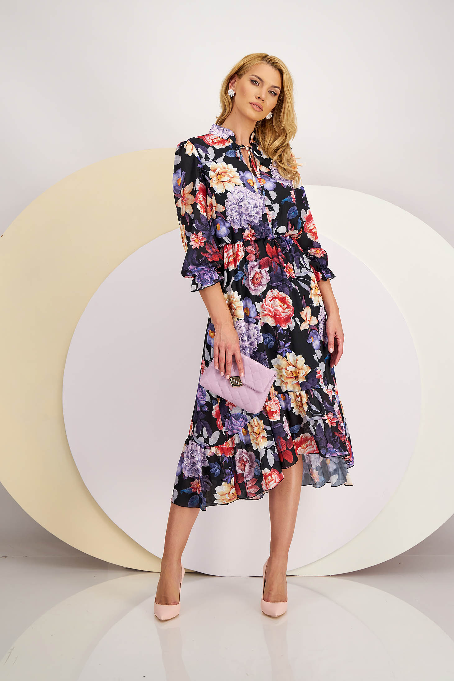 Midi chiffon dress in a-line with elastic waist and puffed sleeves - StarShinerS