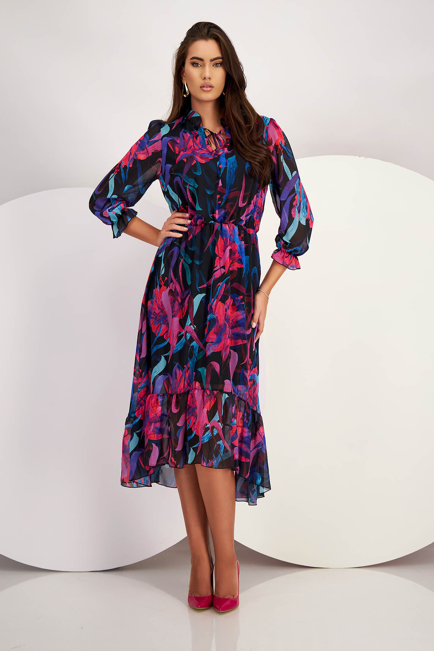 Midi Veil Dress in A-line with Elastic Waist and Puffed Sleeves - StarShinerS