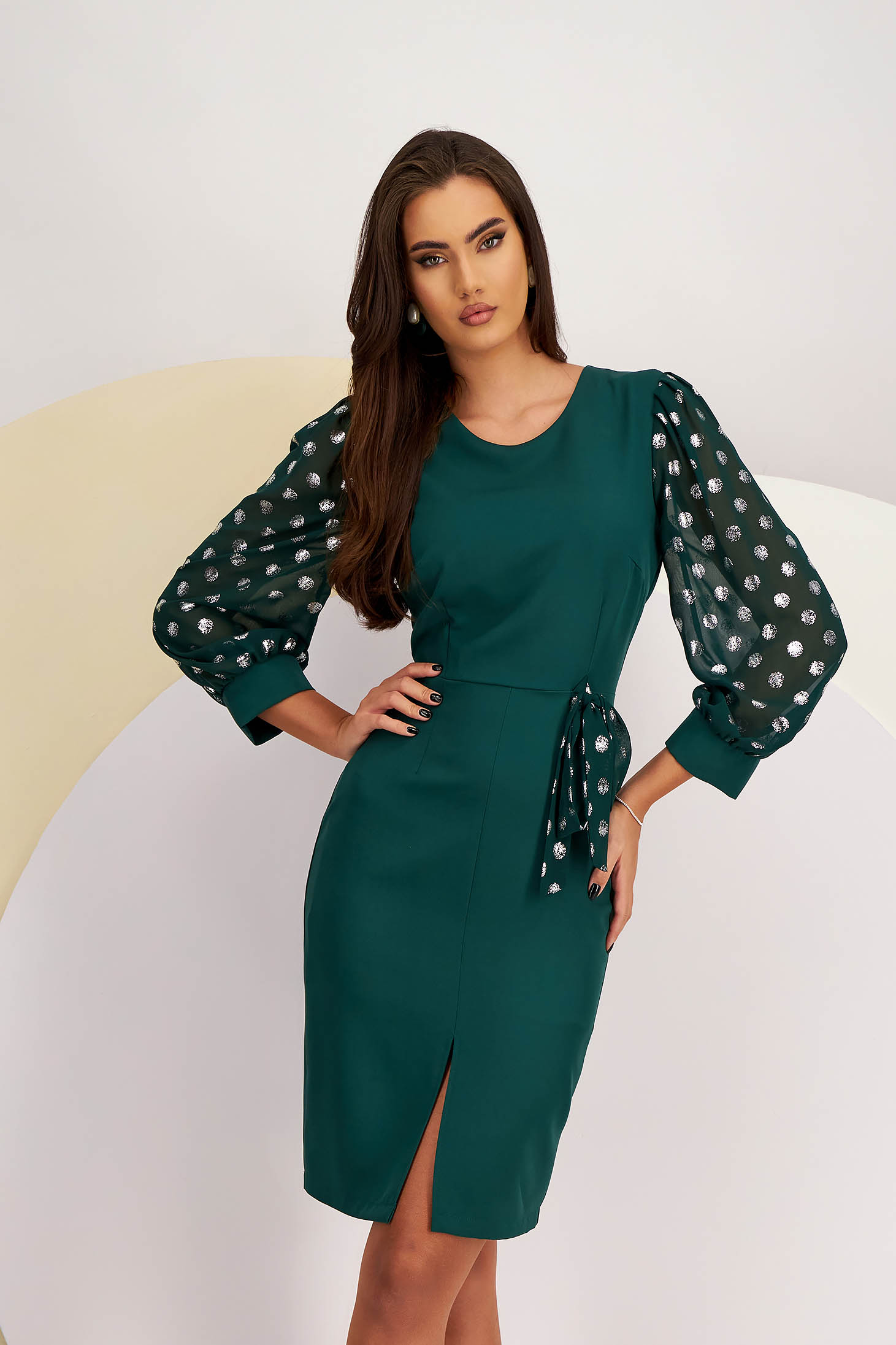 Dark Green Knee-Length Pencil Dress with Puff Sleeves in Veil Fabric - StarShinerS