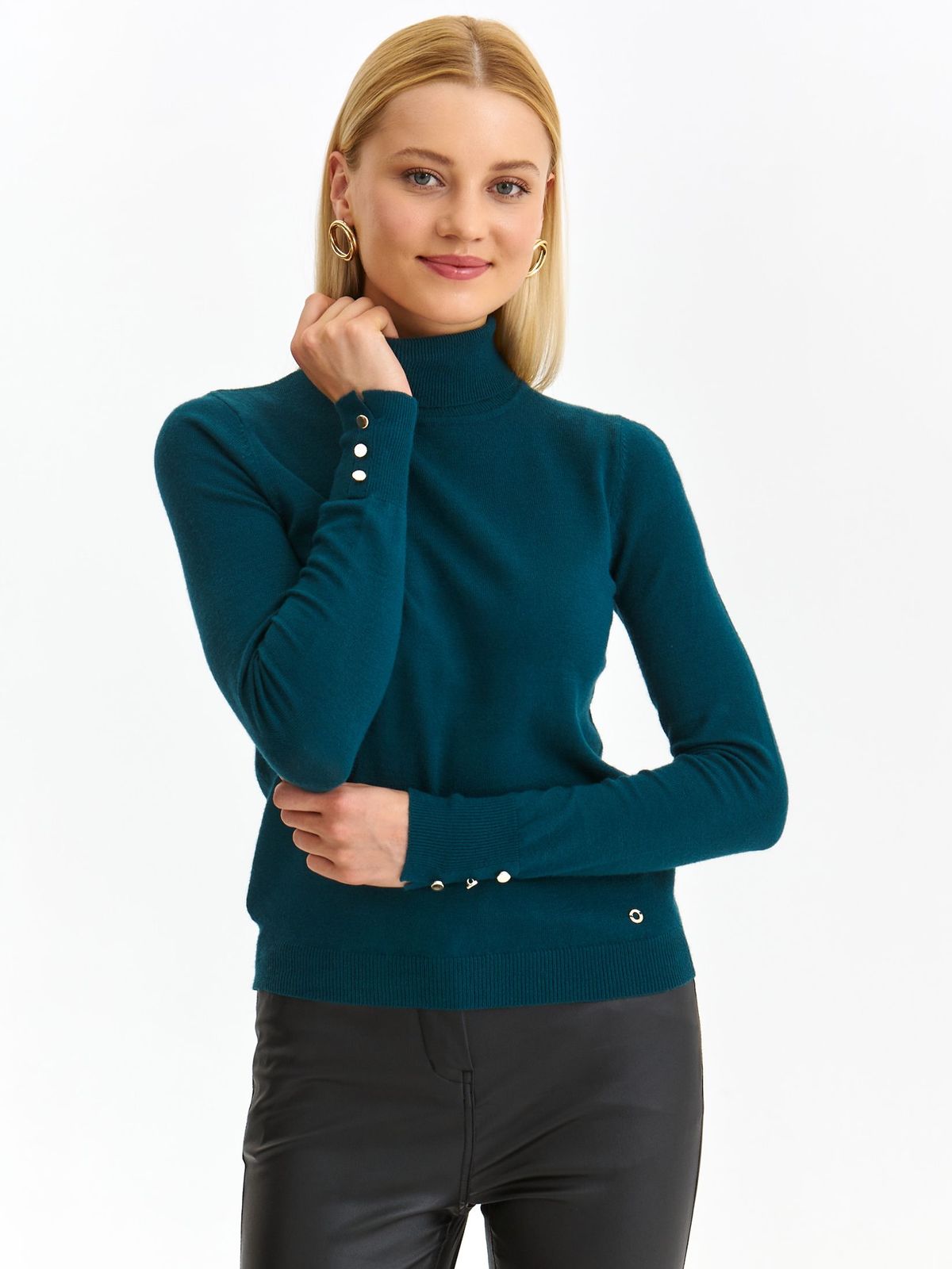 Green sweater knitted tented high collar