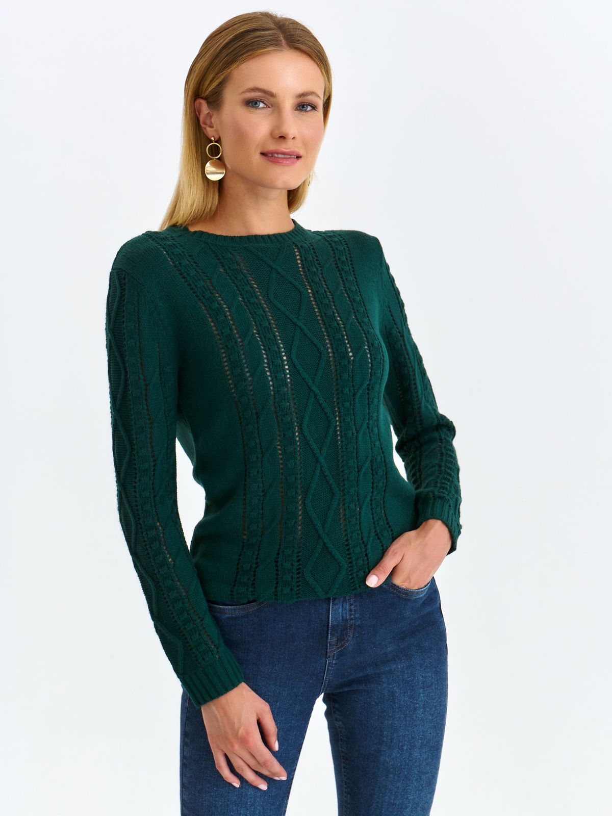 Green sweater knitted tented raised pattern