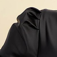 Fekete ökológiai bőr ceruzás midi StarShinerS ruha mélyülő nyakkivágással és puffadt vállokkal