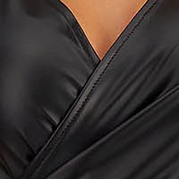 Fekete ökológiai bőr ceruzás midi StarShinerS ruha mélyülő nyakkivágással és puffadt vállokkal