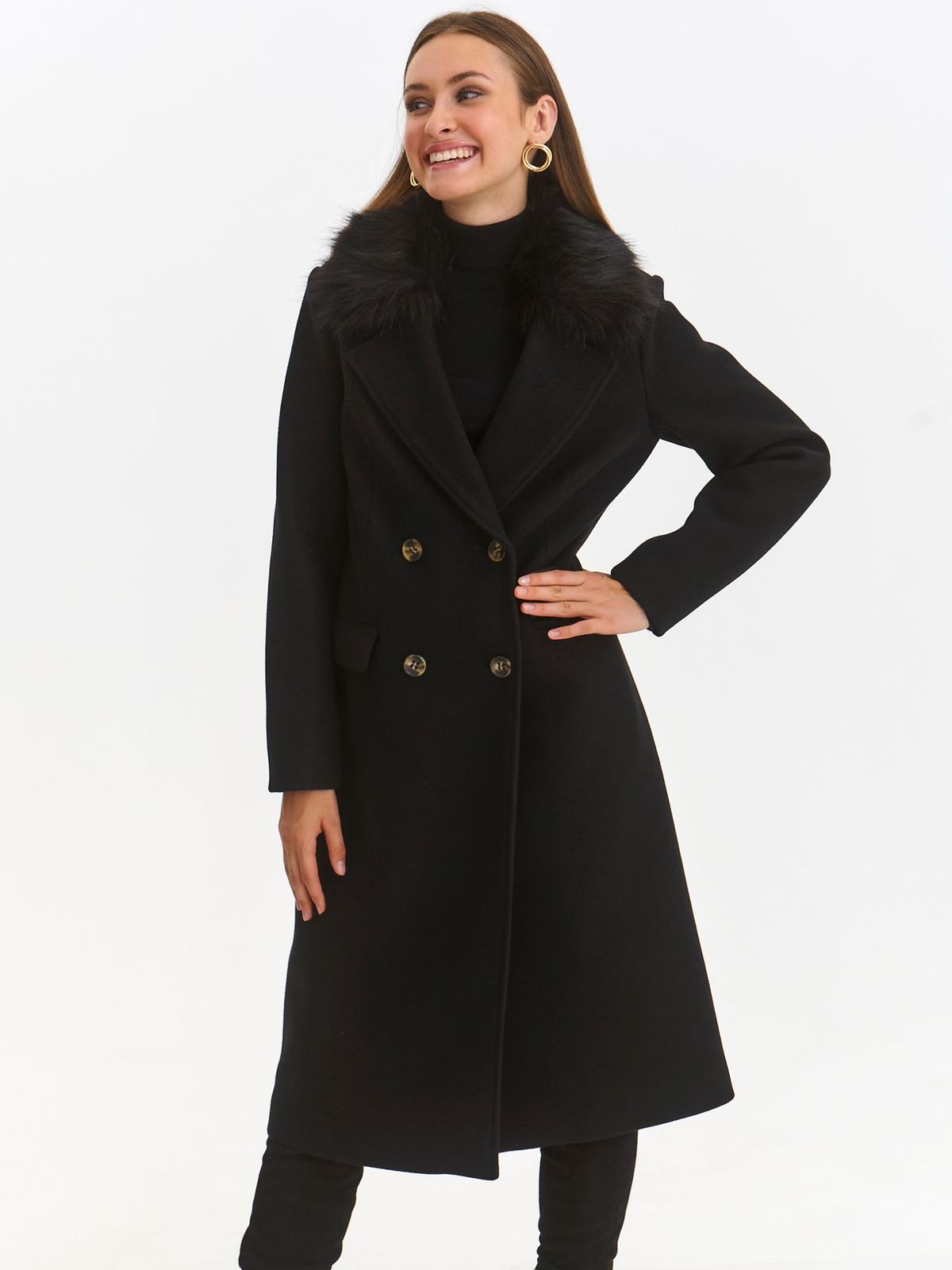 Palton din stofa negru cu un croi drept si guler detasabil din blana ecologica - Top Secret