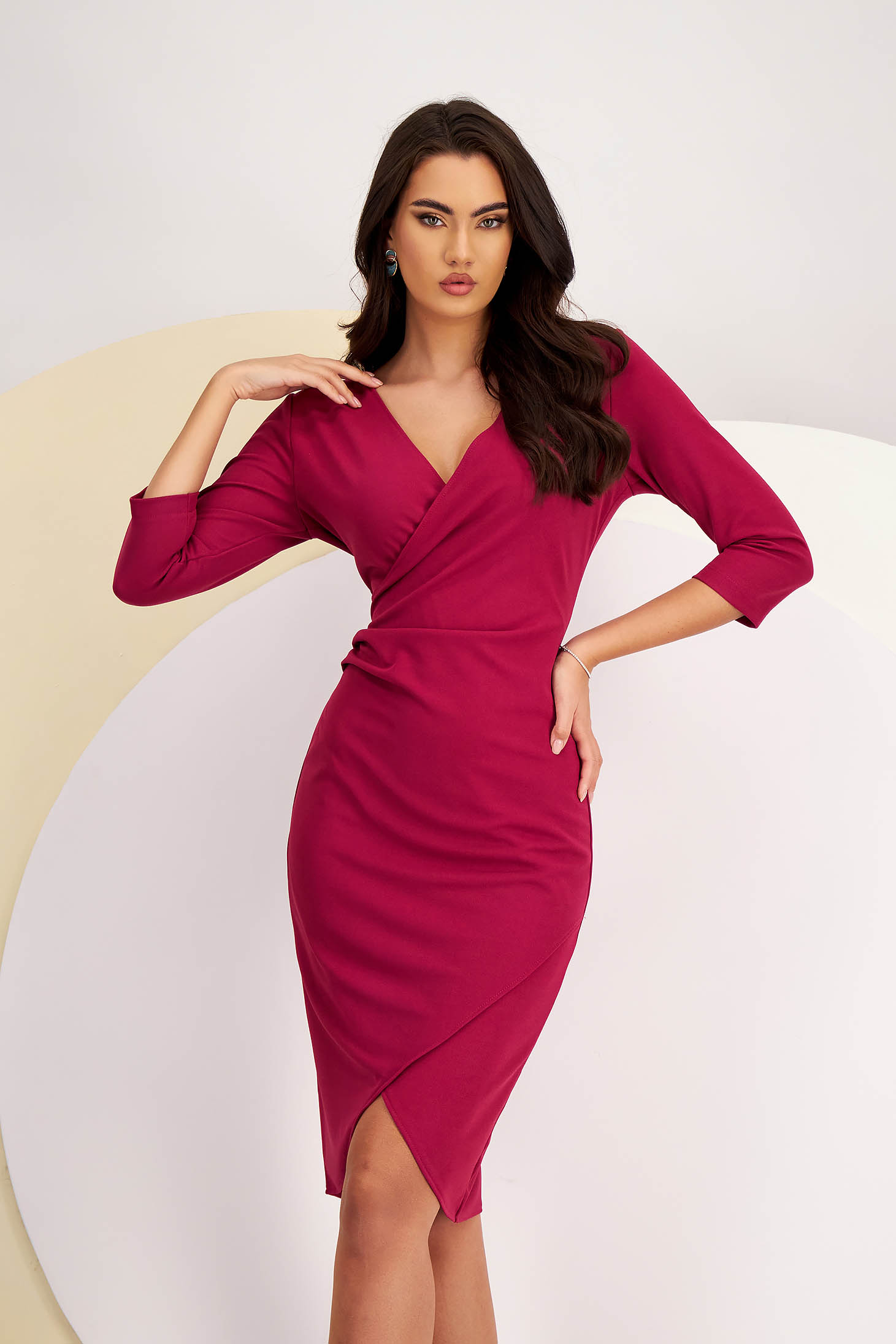 Raspberry Crepe Knee-Length Pencil Dress with Crossover Neckline - StarShinerS