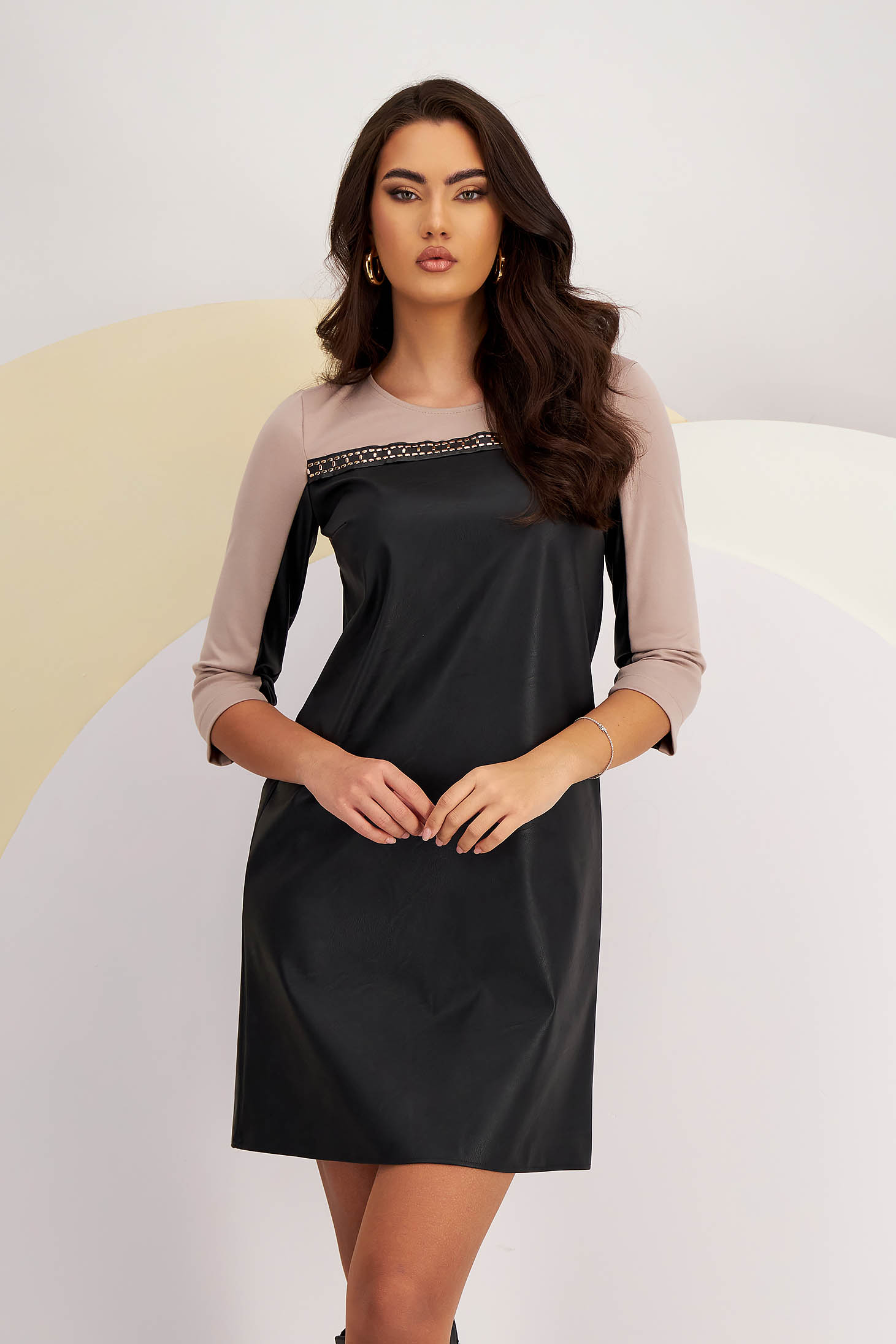 Black faux leather short dress with a straight cut and metallic applications - StarShinerS