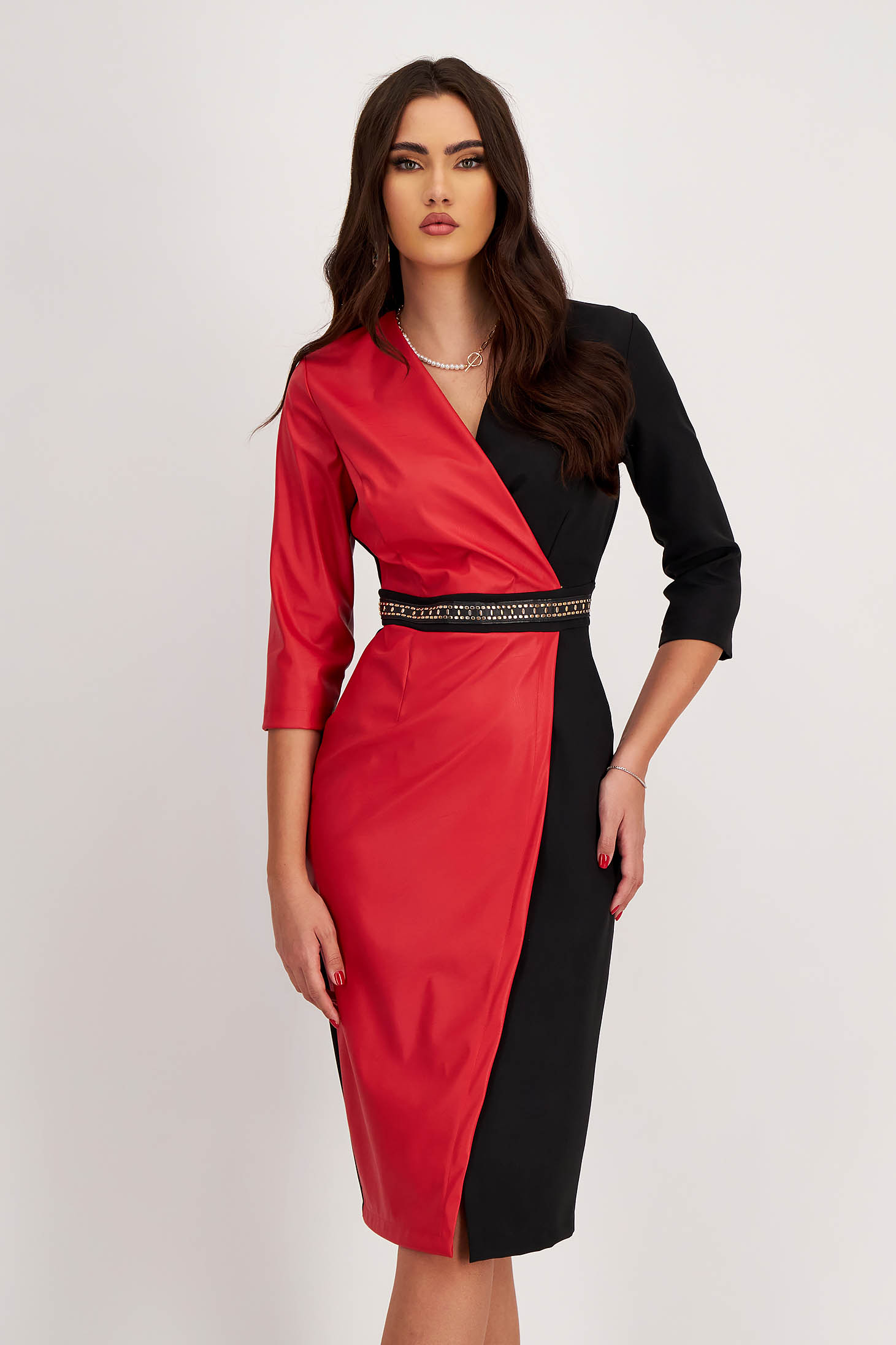 Faux Leather and Red Stretch Fabric Pencil Dress with Wraparound Neckline and Metallic Appliques - StarShinerS