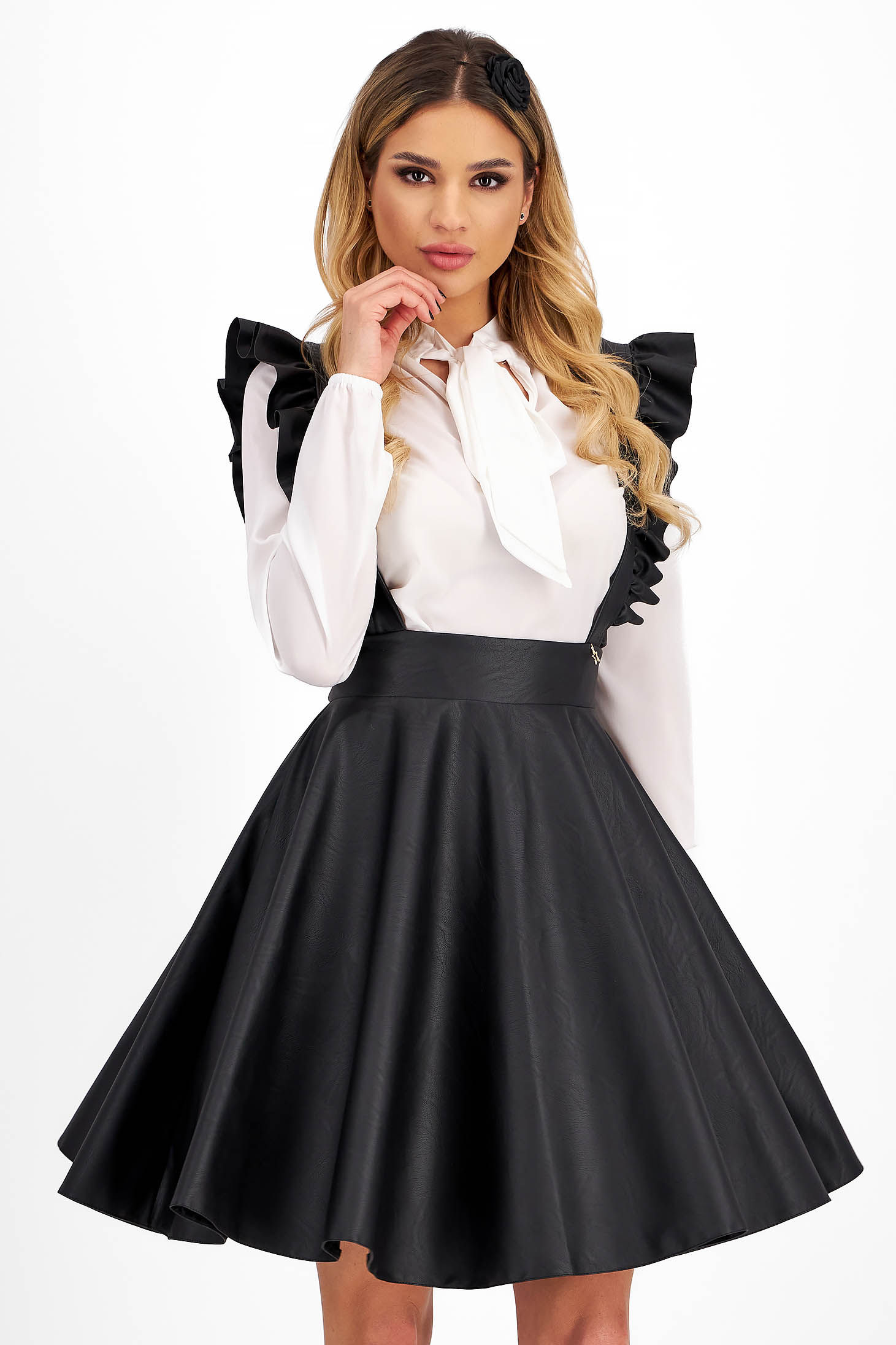 Black Faux Leather Suspender Skirt in Short Flared Design - StarShinerS