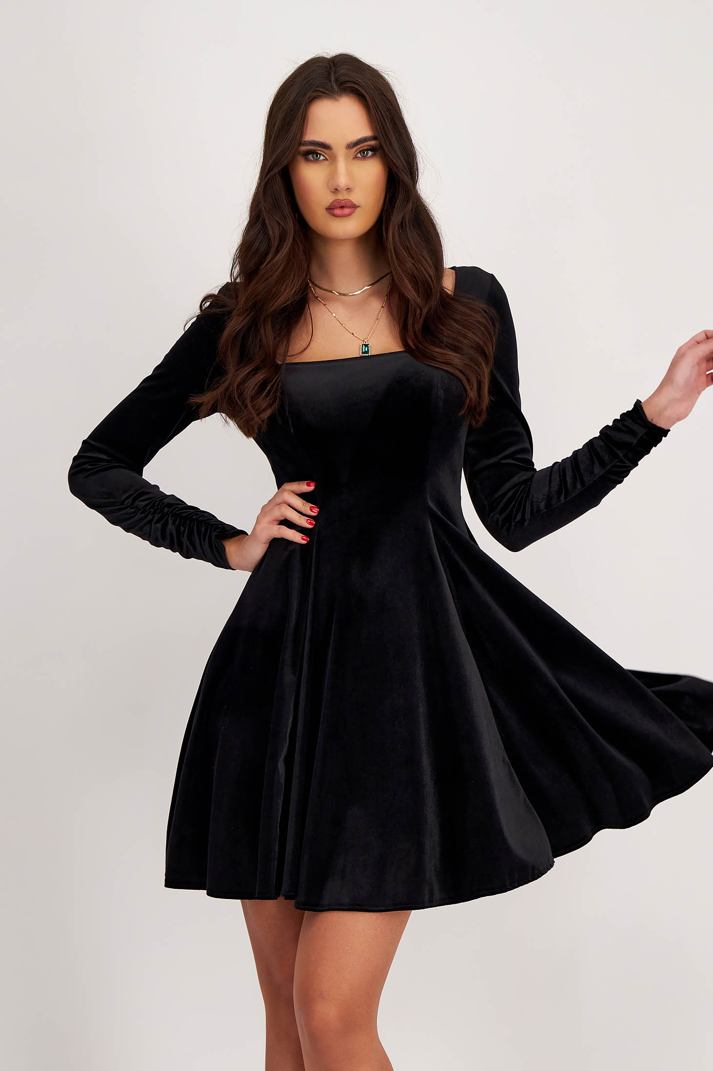 Short black velvet dress with square neckline - StarShinerS