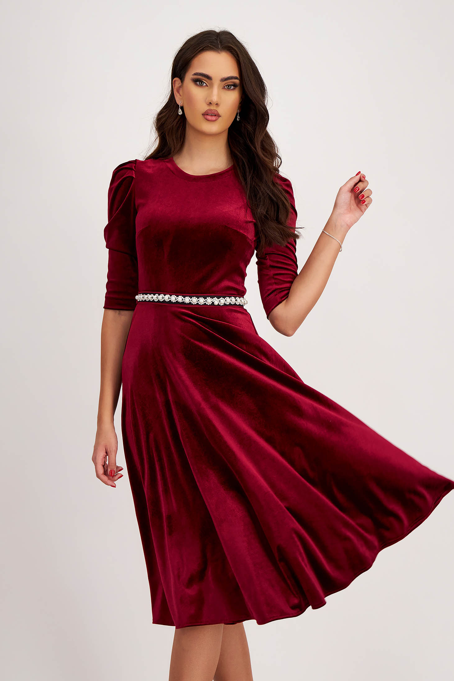 Velvet Burgundy A-Line Dress with Puffed Shoulders and Pearl Embellishments on Drawstring - StarShinerS