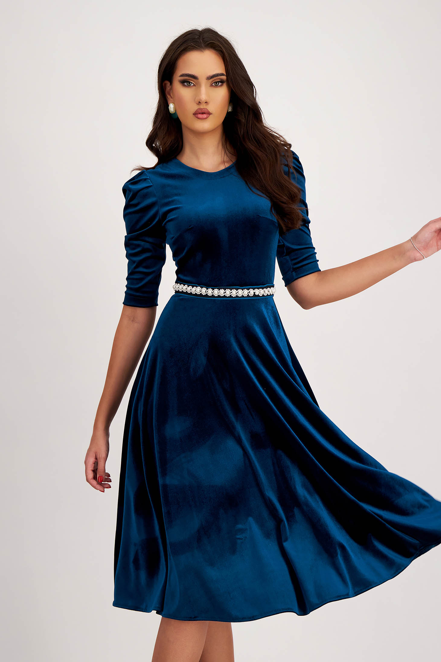 Petrol Blue Velvet Dress in A-line with Puff Shoulders and Pearl Appliqués on the Drawstring - StarShinerS