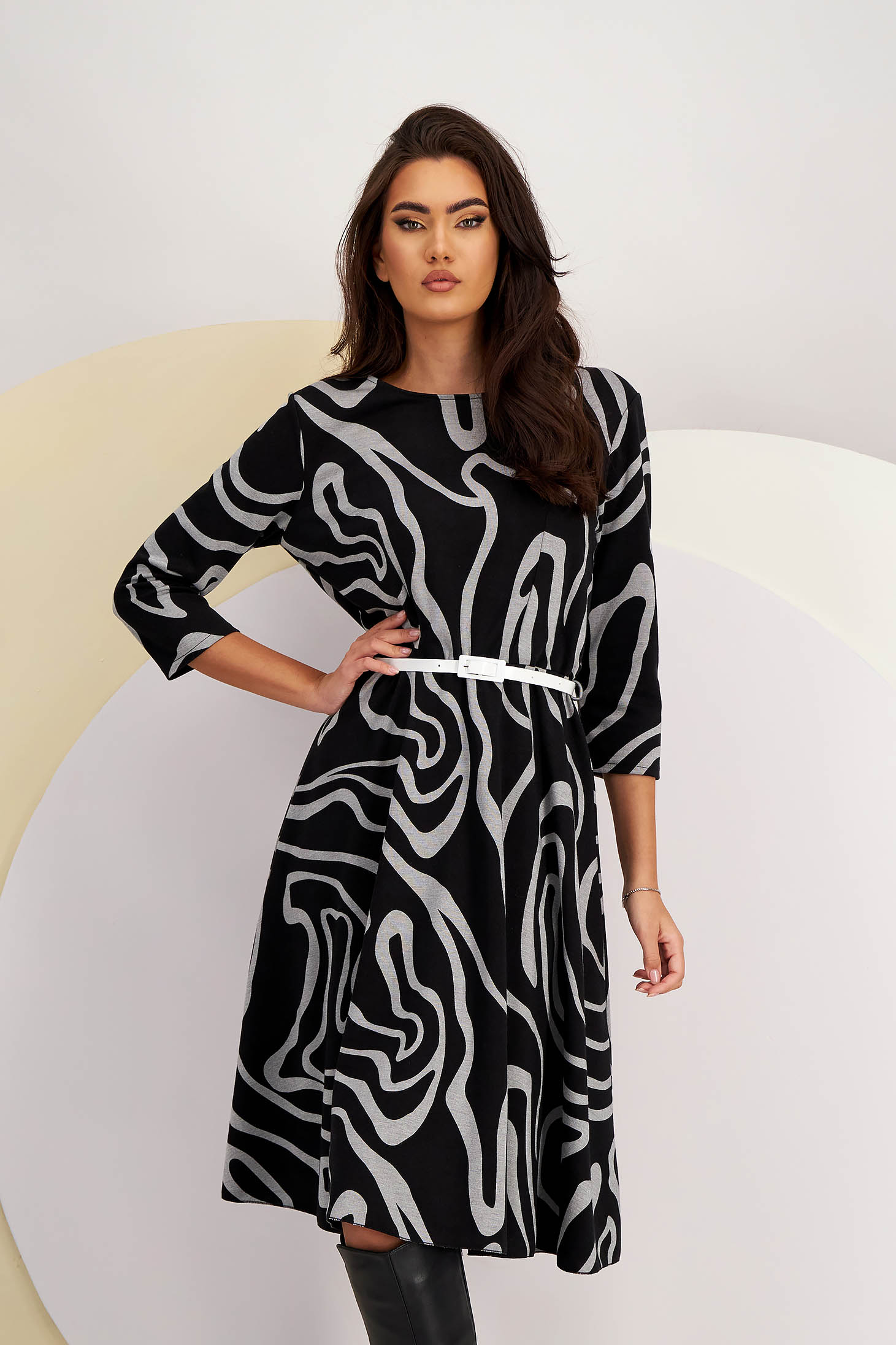 Midi Knit Dress in A-line with Waist Elastic and Belt Accessory - Lady Pandora