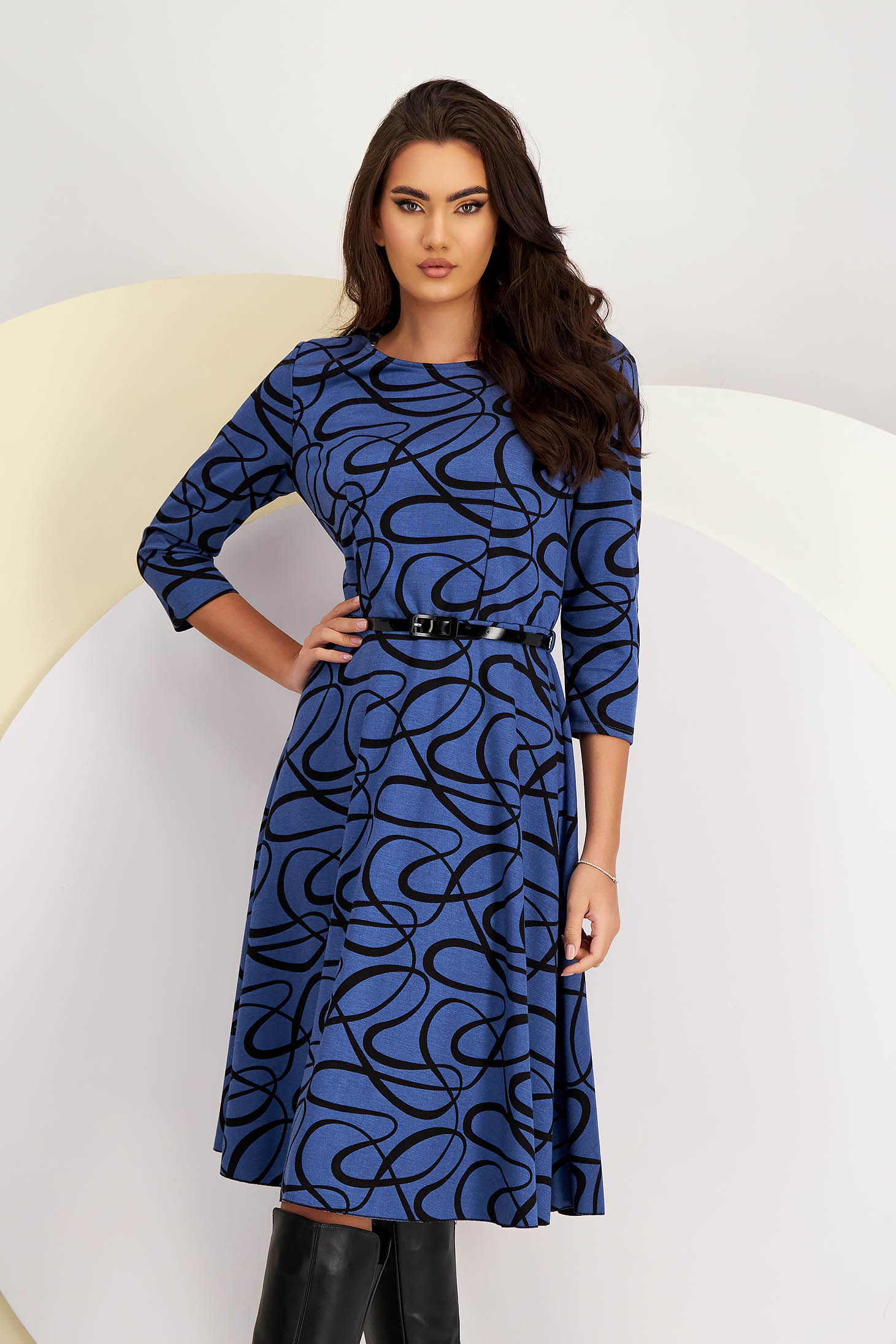Knitted Midi Dress in A-Line with Elastic Waist and Belt Accessory - Lady Pandora