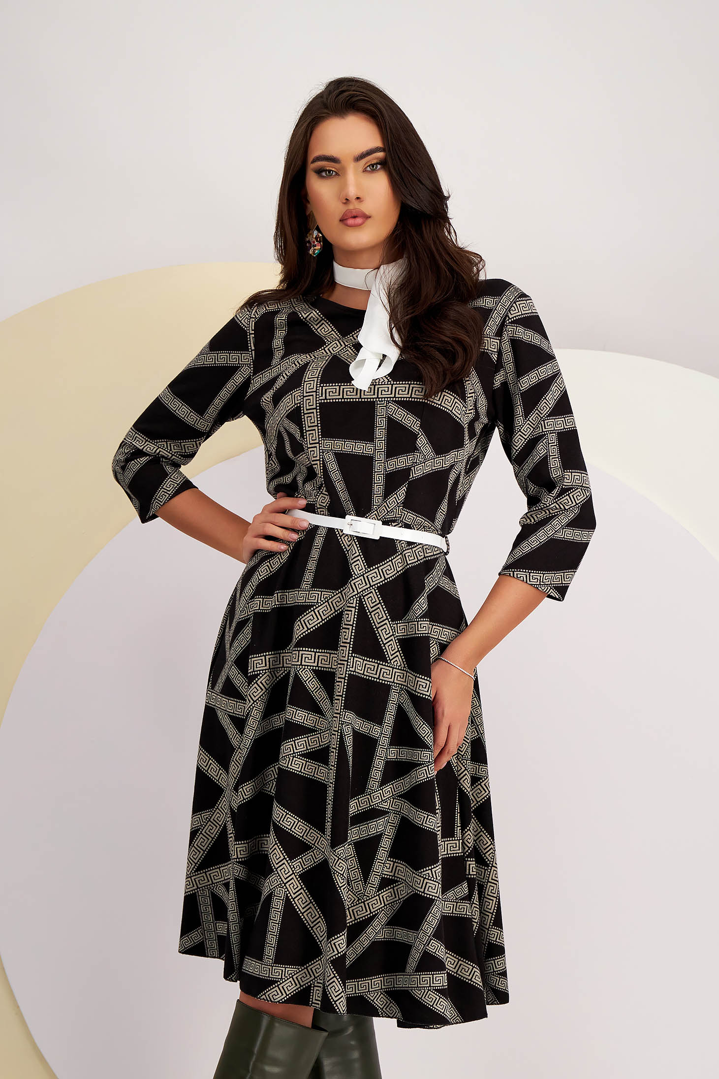 Knitted Midi Dress in A-Line with Elastic Waist and Belt Accessory - Lady Pandora