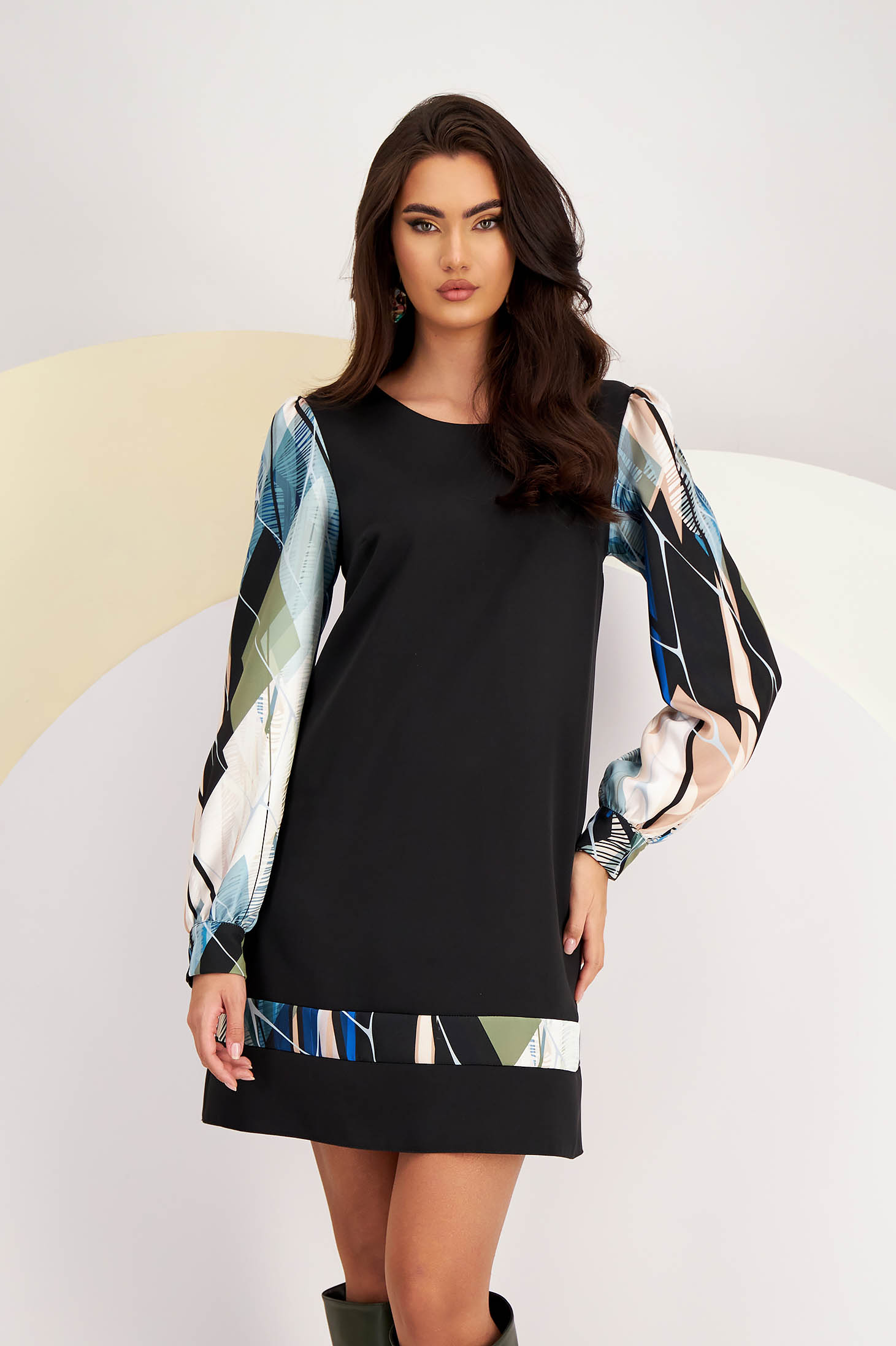 Rochie din stofa elastica cu croi larg si maneci bufante cu imprimeu abstract - StarShinerS 1 - StarShinerS.ro