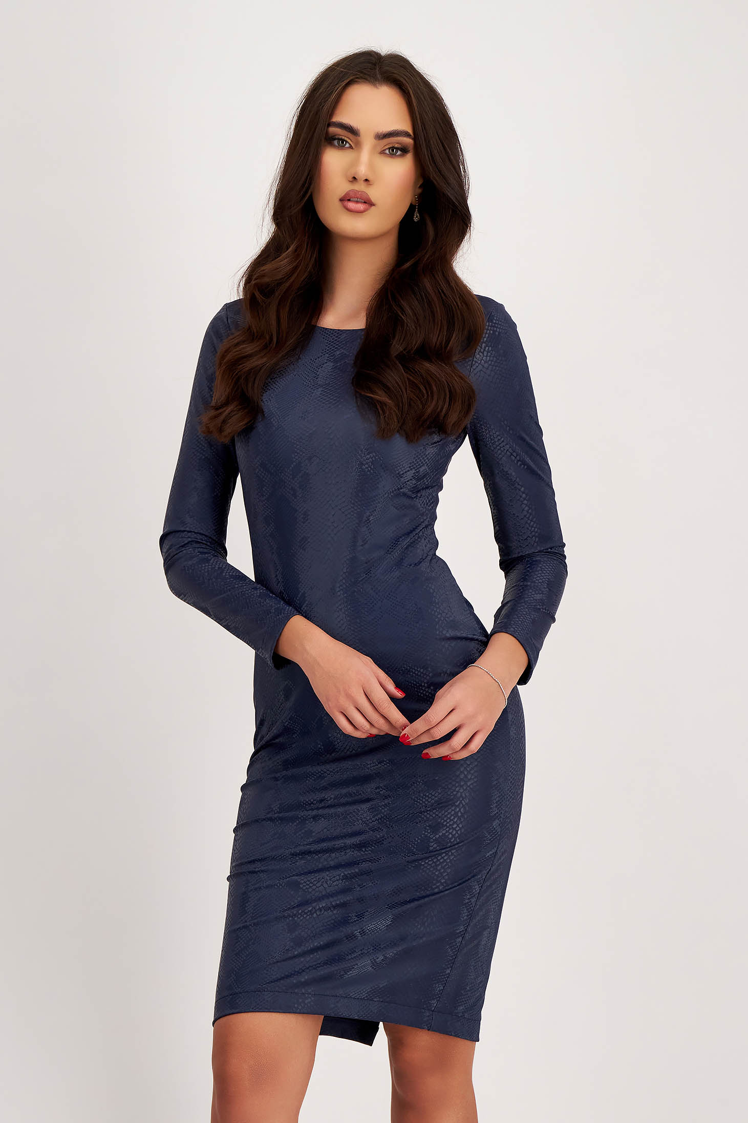 Navy Blue Faux Leather Pencil Dress with Round Neckline - StarShinerS