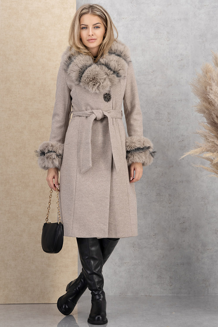Bézs egyenes szabású gyapjú kabát, levehető műszőrme betétekkel 1 - StarShinerS.hu