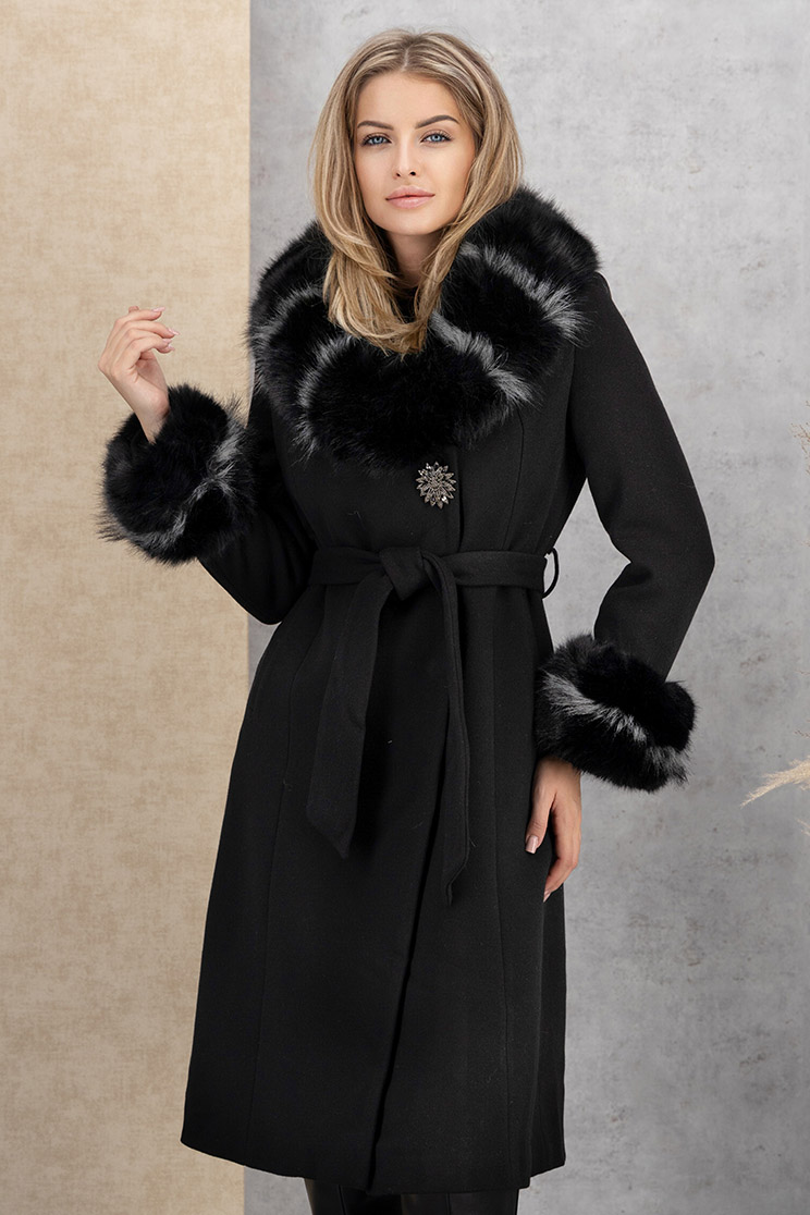 Palton din lana negru cu un croi drept si insertii de blana ecologica detasabile 1 - StarShinerS.ro
