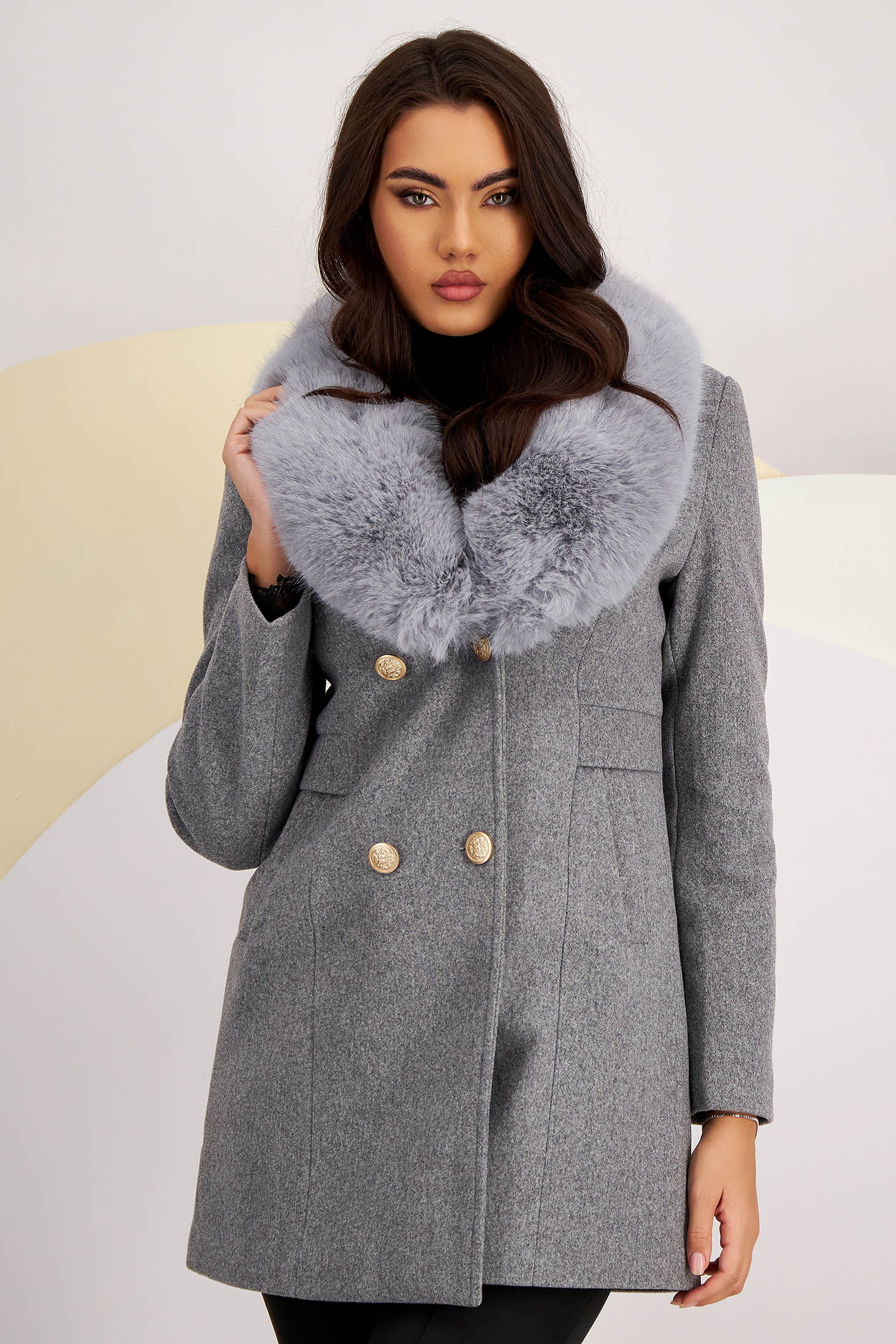 Grey fabric coat with a straight cut and detachable faux fur collar - SunShine