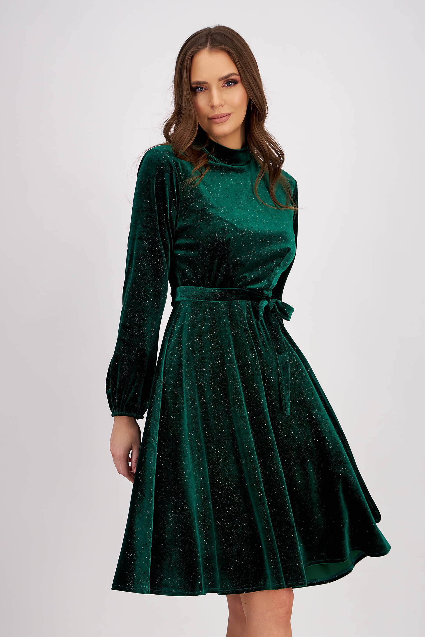 Velvet dress with green glitter applications knee-length flared with elastic waistband - StarShinerS